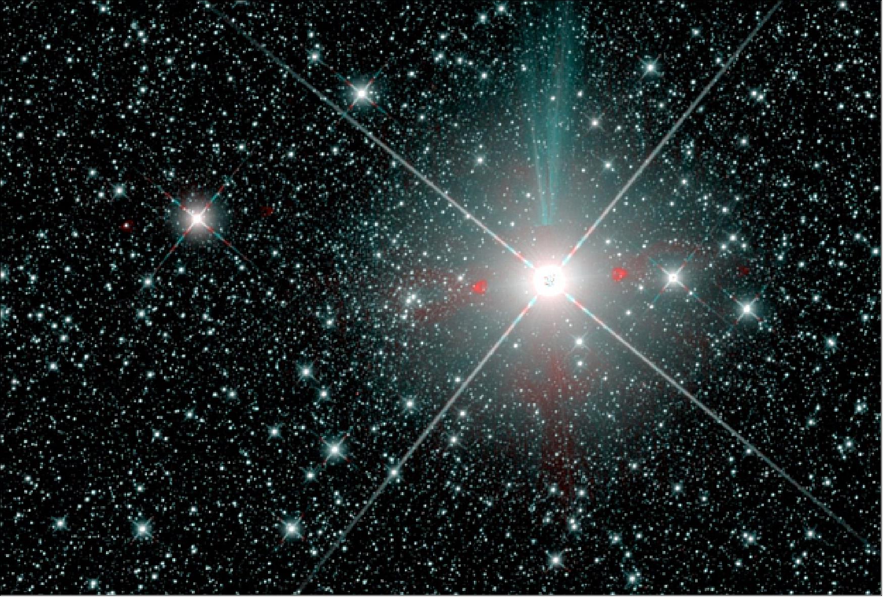 Figure 62: The brightest star in this WISE (Wide-Field Infrared Survey Explorer) image is Sirius, the brightest star in the night sky. To the left of Sirius, and centered on this image, is Gaia 1, a massive star cluster discovered by scientists mining Gaia data (image credit: Sergey Koposov; NASA/JPL; D. Lang, 2014; A.M. Meisner et al. 2017)