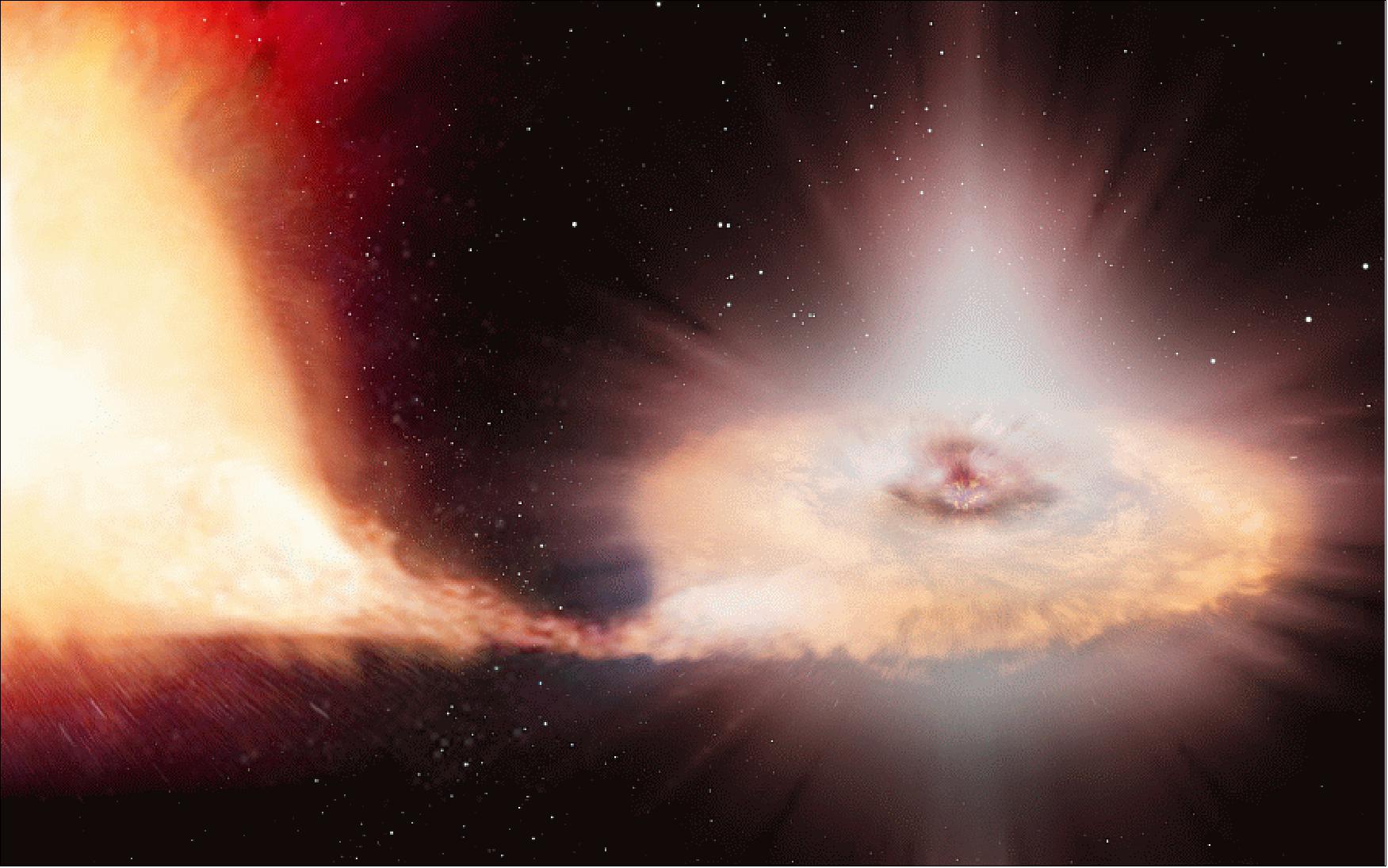 Figure 92: Artist's impression of a Type Ia supernova — the explosion of a white dwarf locked in a binary system with a companion star (image credit: ESA, ATG medialab, C. Carreau)