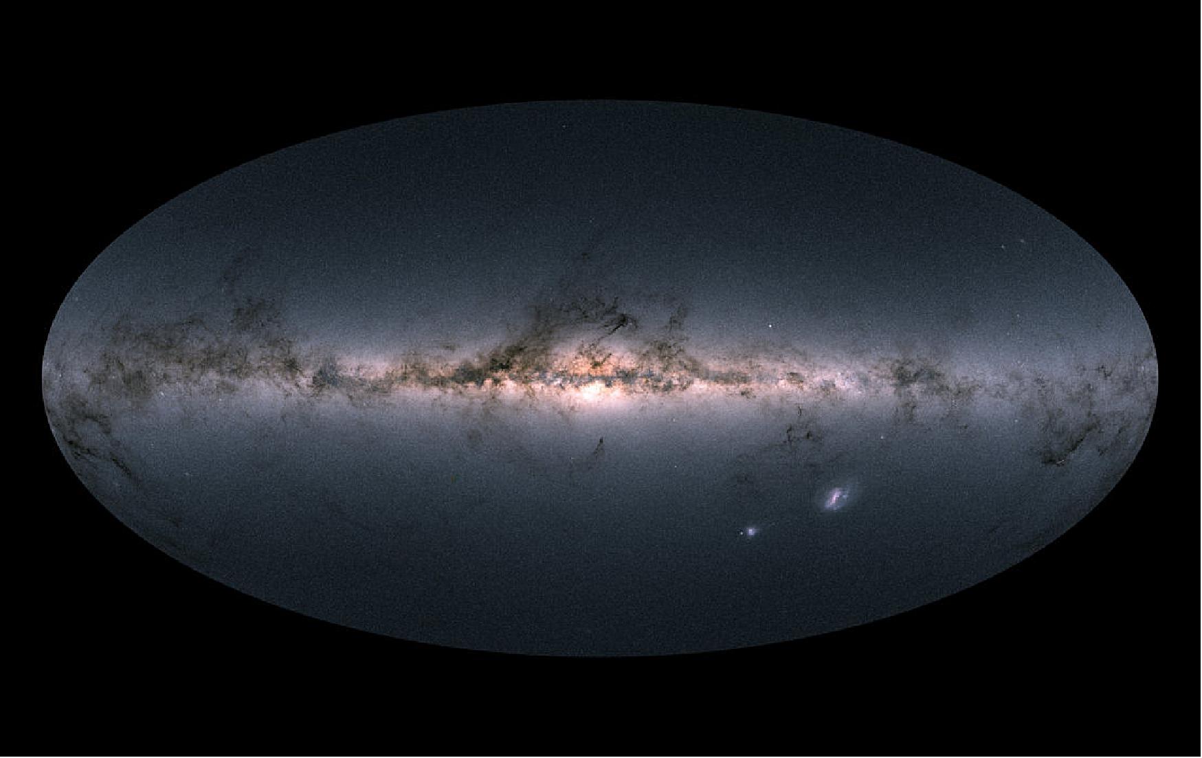 Figure 44: Gaia's all-sky view of our Milky Way Galaxy and neighboring galaxies, based on measurements of nearly 1.7 billion stars. The map shows the total brightness and color of stars observed by the ESA satellite in each portion of the sky between July 2014 and May 2016 (image credit: ESA/Gaia/DPAC) 44) Acknowledgement: Gaia Data Processing and Analysis Consortium (DPAC); A. Moitinho / A. F. Silva / M. Barros / C. Barata, University of Lisbon, Portugal; H. Savietto, Fork Research, Portugal.