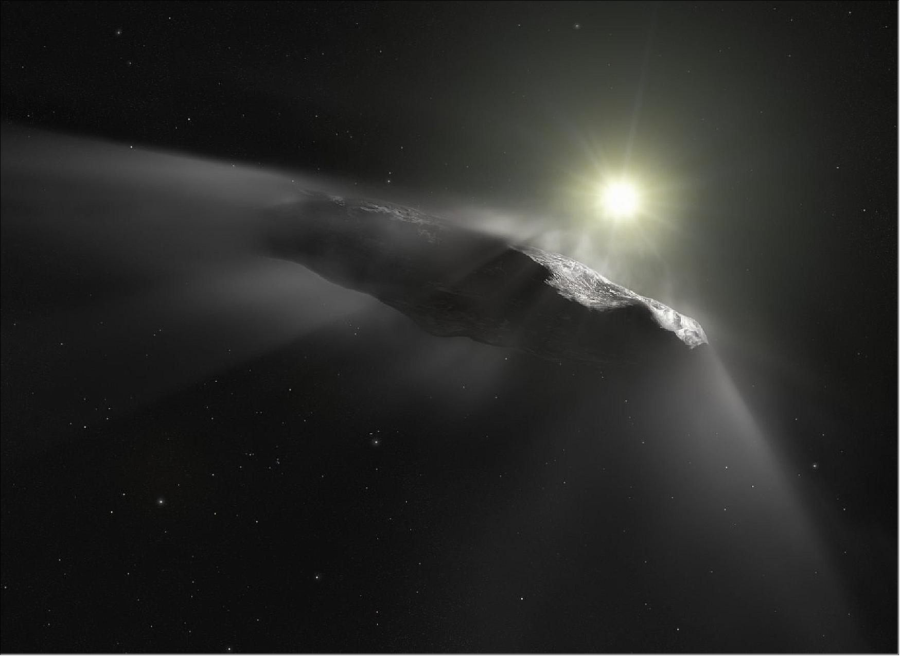 Figure 37: Artist impression of the interstellar object ‘Oumuamua. Observations since its discovery in 2017 show that the object is slightly deviating from the trajectory it would be following if it were only influenced by the gravity of the Sun and the planets. Researchers assume that venting material from its surface due to solar heating is responsible for this behavior. This outgassing can be seen in this artist's impression as a subtle cloud being ejected from the side of the object facing the Sun (image credit: ESA/Hubble, NASA, ESO, M. Kornmesser)