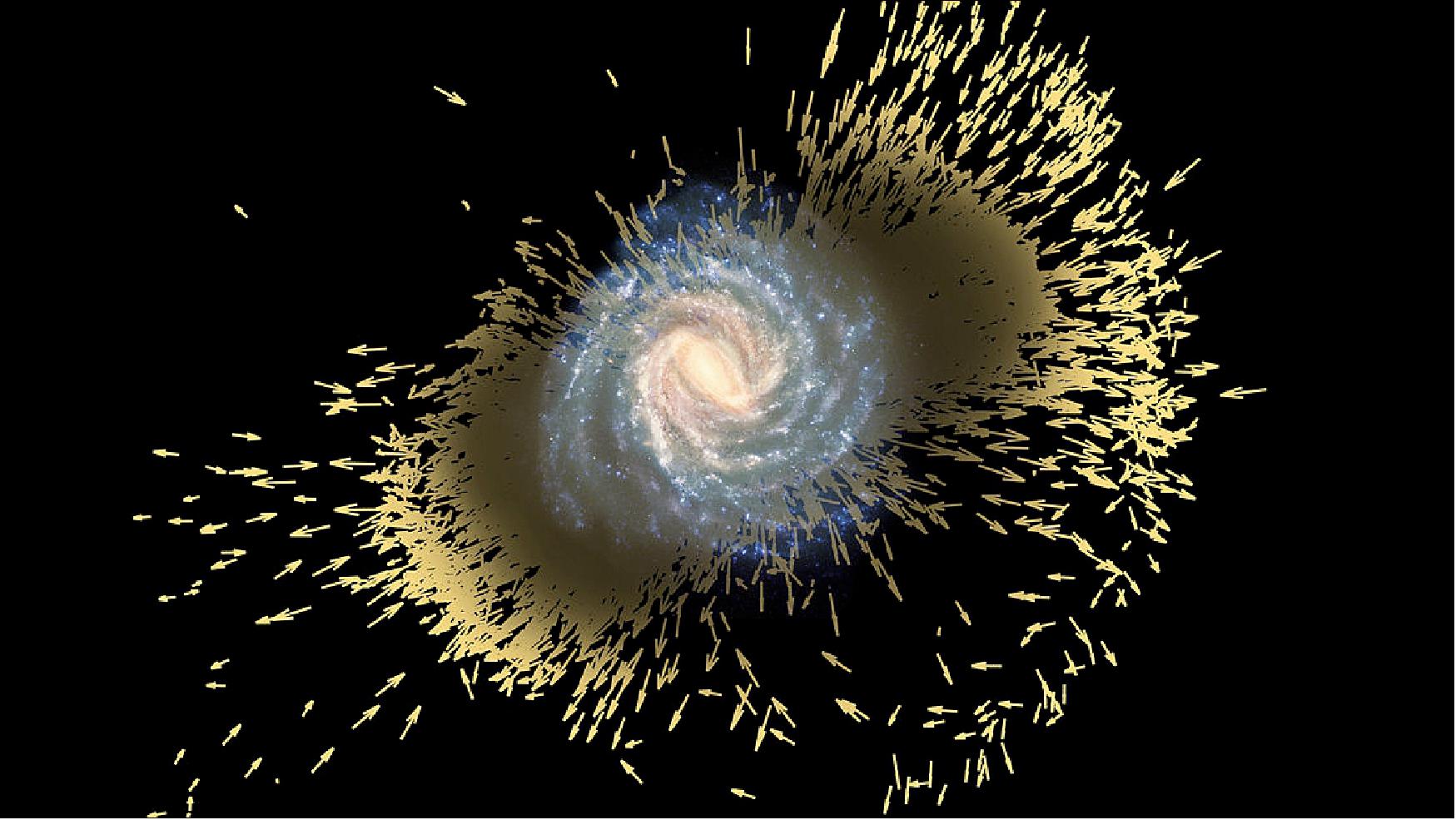 Figure 32: Debris of galactic merger: Artist's impression of debris of the Gaia-Enceladus galaxy. Gaia-Enceladus merged with our Milky Way galaxy during its early formation stages, 10 billion years ago, and its debris can now be found throughout the Galaxy (image credit: ESA (artist's impression and composition); Koppelman, Villalobos and Helmi (simulation), CC BY-SA 3.0 IGO) 30)