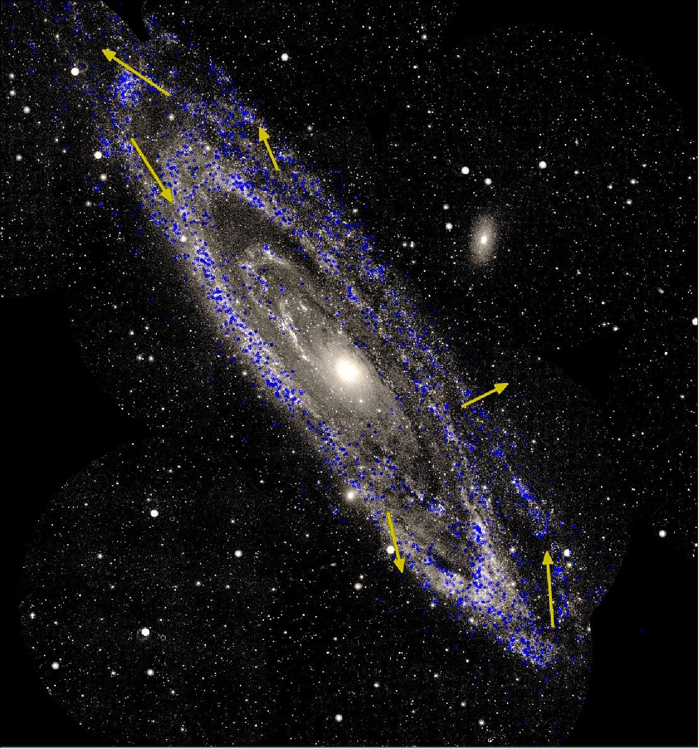 Figure 25: A view of the Andromeda galaxy, also known as M31, with measurements of the motions of stars within the galaxy. This spiral galaxy is the nearest large neighbor of our Milky Way. The background image, obtained with NASA's Galex satellite at near-ultraviolet wavelengths, highlights regions within the galaxy where stars are forming. Blue symbols mark the locations of bright young stars that were used to measure the motion of the galaxy, and yellow arrows indicate the average stellar motions at various locations, based on data from the second release of ESA's Gaia satellite. A counter-clockwise rotation of the spiral galaxy's disc is evident. The precision of these measurements is expected to improve with the future Gaia data releases [image credit: ESA/Gaia (star motions); NASA/Galex (background image); R. van der Marel, M. Fardal, J. Sahlmann (STScI)]
