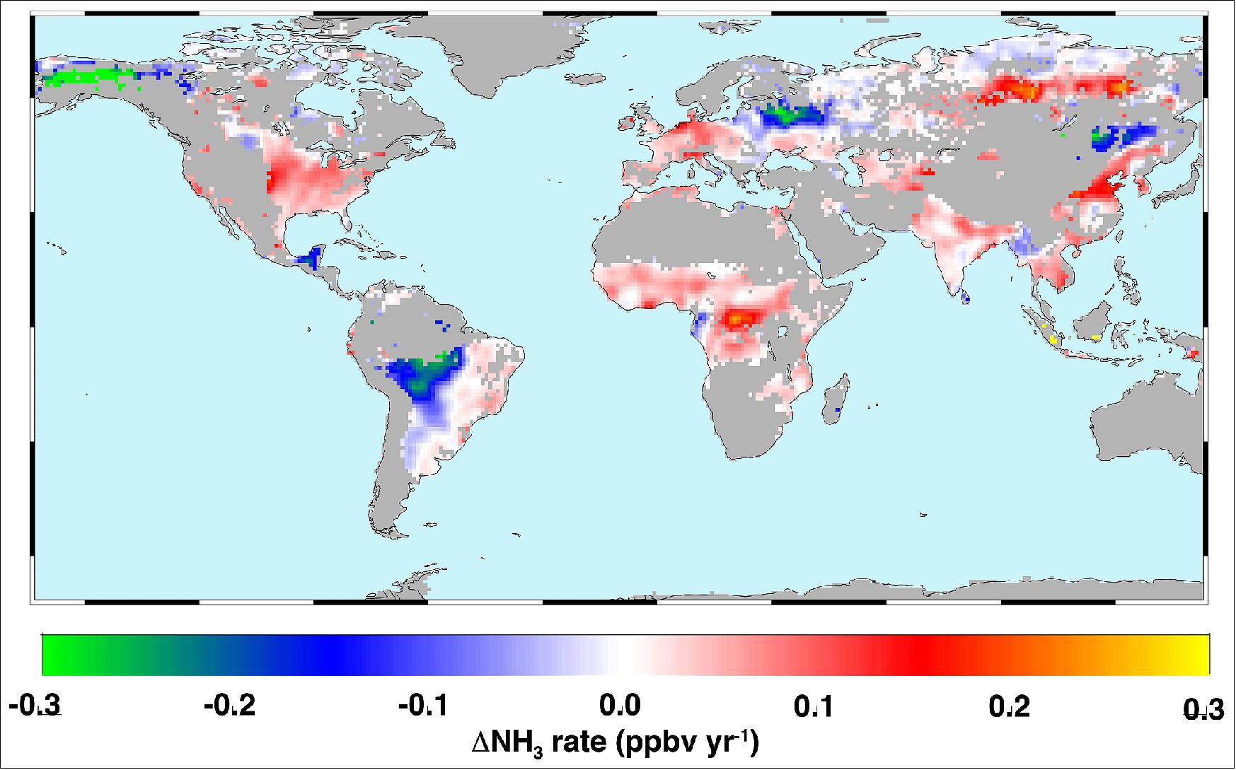 Figure 109: Global atmospheric ammonia trends measured from space from 2002 to 2016. The hot colors represent increases from a combination of increased fertilizer application, reduced scavenging by acid aerosols and climate warming. The cool colors show decreases due to reduced agricultural burning or fewer wildfires (image credit: Juying Warner and UoM study team, GRL)