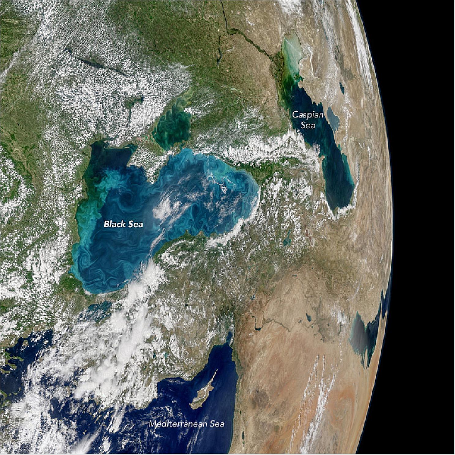 Figure 103: The Black Sea acquired with MODIS on Aqua on May 29, 2017 (image credit: NASA Earth Observatory, image by Norman Kuring, NASA’s Ocean Biology Processing Group, story by Kathryn Hansen and Pola Lem)