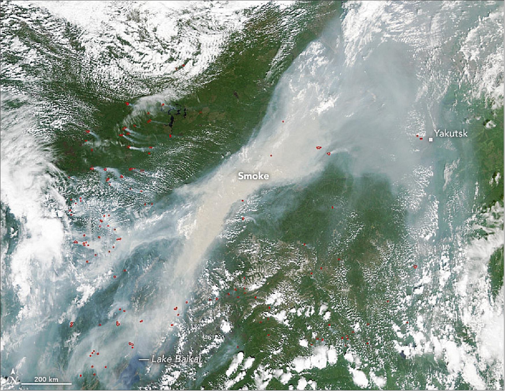 Figure 102: Aqua MODIS image acquired on June 23, 2017, which shows dense smoke plumes spreading northeast toward Yakutsk (image credit: NASA Earth observatory, image by Jeff Schmaltz, story by Mike Carlowicz)