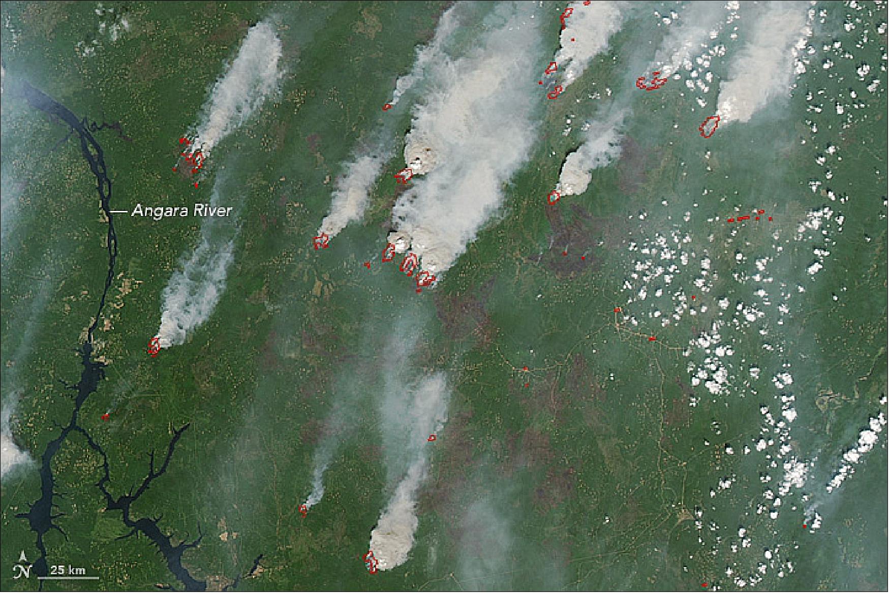 Figure 101: MODIS detail image of fires near Lake Baikal and the Angara River (image credit: NASA Earth observatory, image by Jeff Schmaltz, story by Mike Carlowicz)