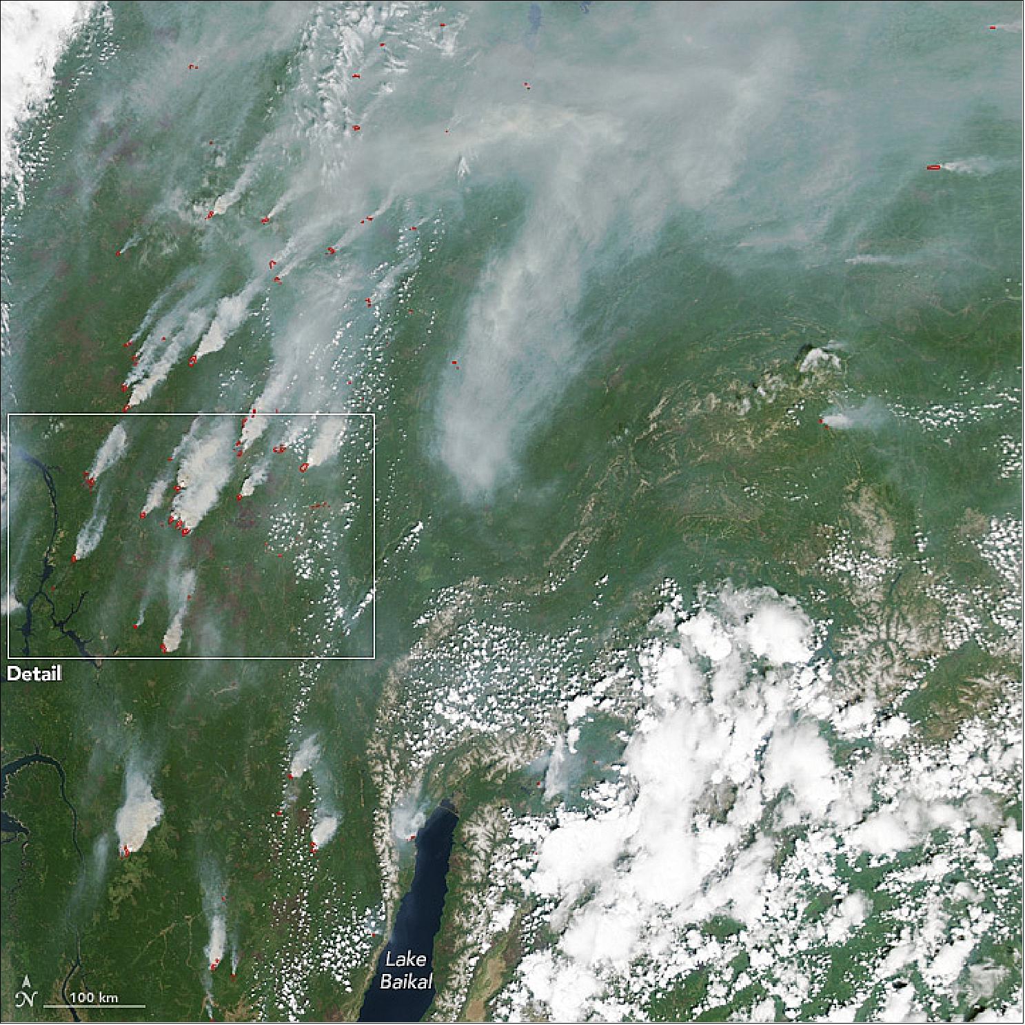 Figure 100: On June 22, 2017, MODIS acquired this natural color image of fires near Lake Baikal and the Angara River (image credit: NASA Earth observatory, image by Jeff Schmaltz, story by Mike Carlowicz)