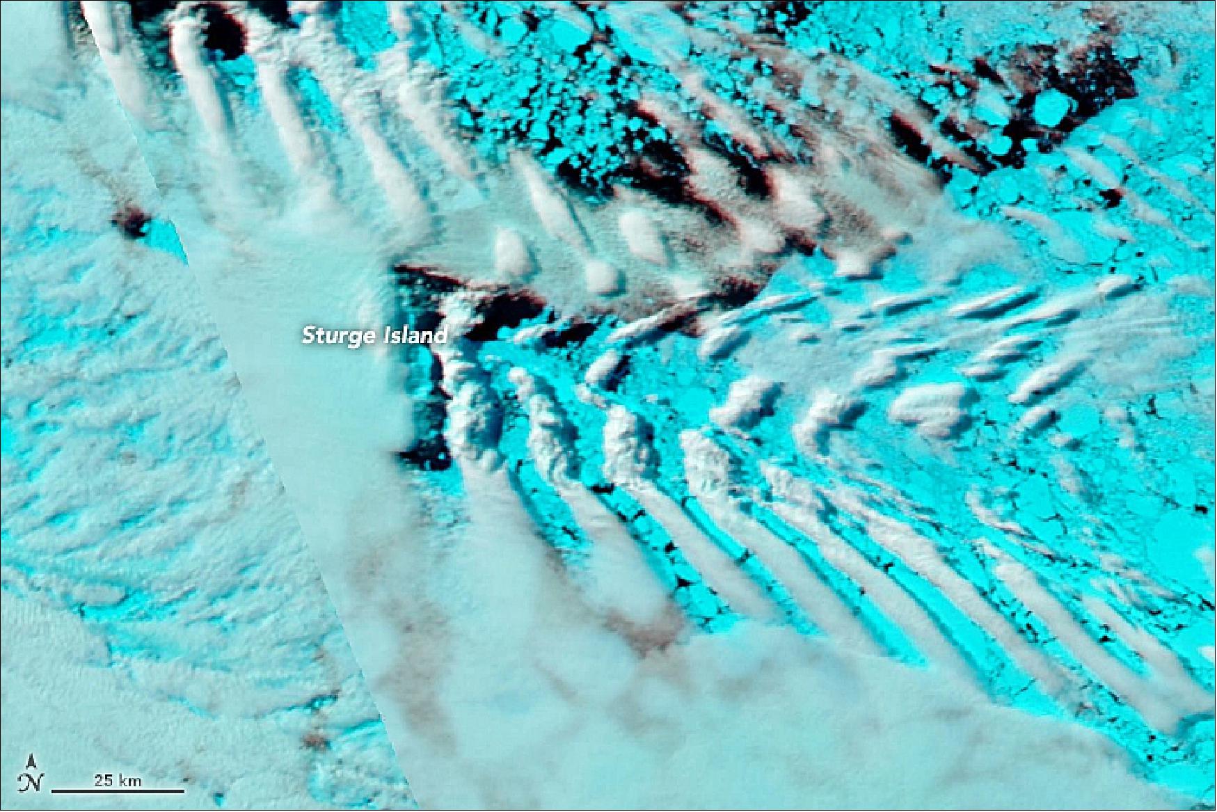 Figure 87: This image shows a wave pattern in the clouds, as observed by MODIS on NASA's Aqua satellite. The image, acquired on 26 Nov. 2017, is false-color, using MODIS bands 7-2-1 to help distinguish clouds (white) from sea ice (blue), image credit: NASA Earth Observatory, image by Joshua Stevens, using MODIS data from LANCE/EOS DIS Rapid Response, story by Kathryn Hansen
