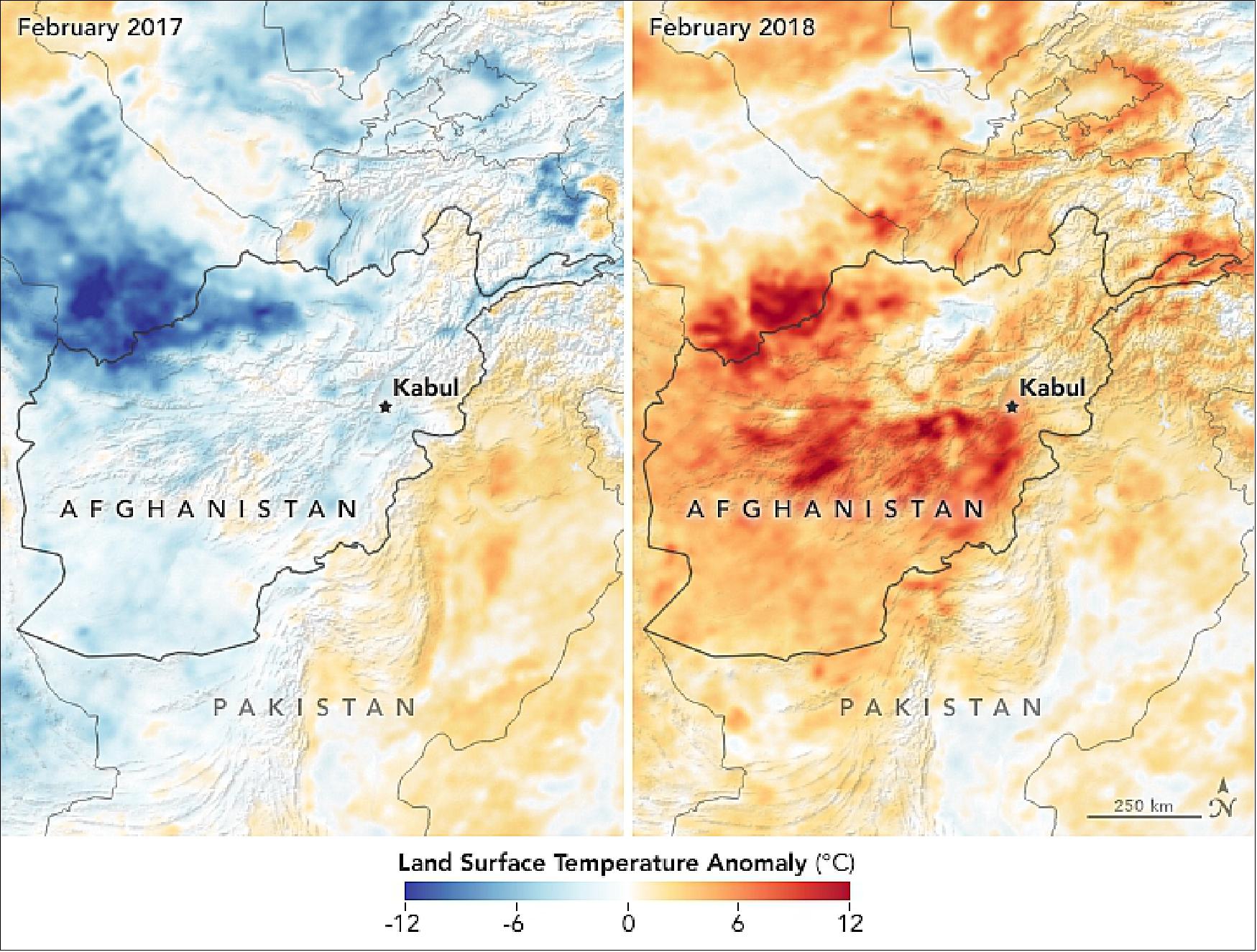 Figure 81: Aqua MODIS LSTs (Land Surface Temperatures) for February 2018 (right) and February 2017 (left), compared to the average since 2002 for the same month. Red colors depict areas that were hotter than average; blues were colder; white pixels were normal (image credit: NASA Earth Observatory, Ref. 47)