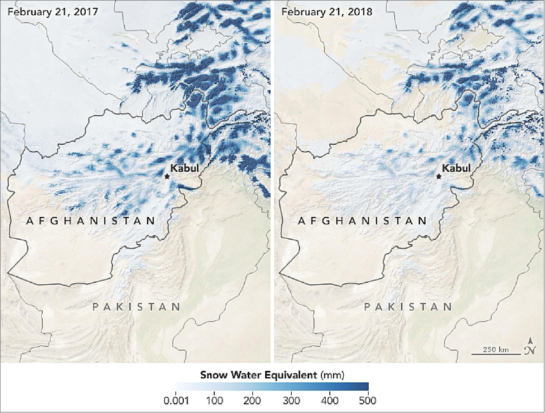 Figure 79: The Aqua satellite image on the right shows conditions on February 21, 2018, amid a low snowpack; the left map shows conditions on February 21, 2017 (image credit: NASA Earth Observatory, images by Joshua Stevens, using LSM (Land-Surface Model) data courtesy of Amy McNally, Jossy Jacob, and the NASA Land Information System, and temperature anomalies from the Early Warning and Environmental Monitoring (EWEM) program at the USGS, story by Kathryn Hansen)