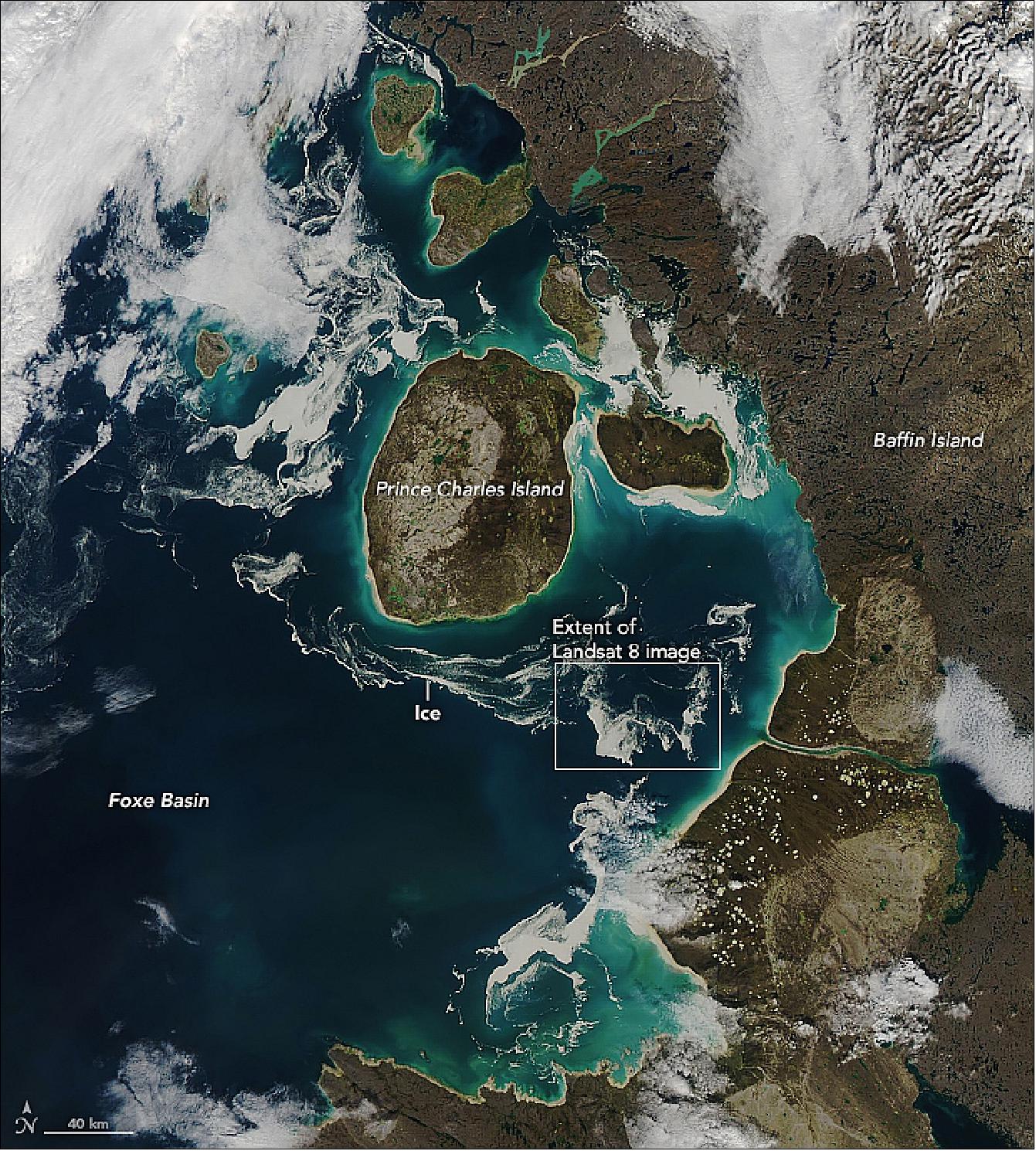 Figure 59: MODIS on NASA's Aqua satellite acquired this wide view on 3 September 2018. Notice in the wide view that the clouds appear whiter than the ice. (image credit: NASA Earth Observatory, image by Lauren Dauphin, using MODIS data from LANCE/EOSDIS Rapid Response, story by Kathryn Hansen)