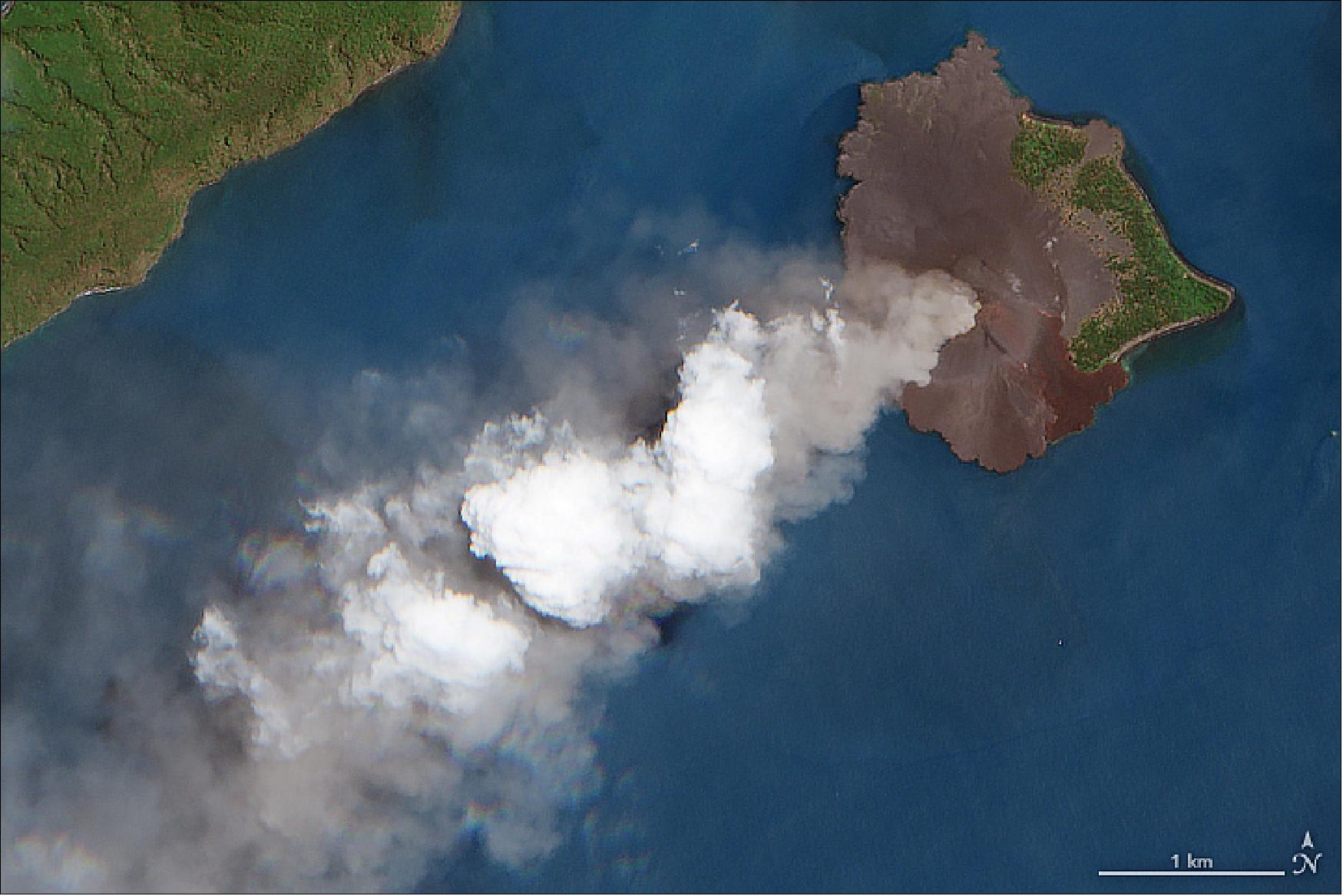 Figure 57: The MSI (MultiSpectral Imager) on ESA's Sentinel-2satellite acquired this detailed image of Krakatau on 22 September 2018.Ash from the Indonesian volcano streamed over the Sunda Strait (image credit: NASA Earth Observatory using modified Copernicus Sentinel data (2018) processed by the European Space Agency,: image by Joshua Stevens, story by Kathryn Hansen)