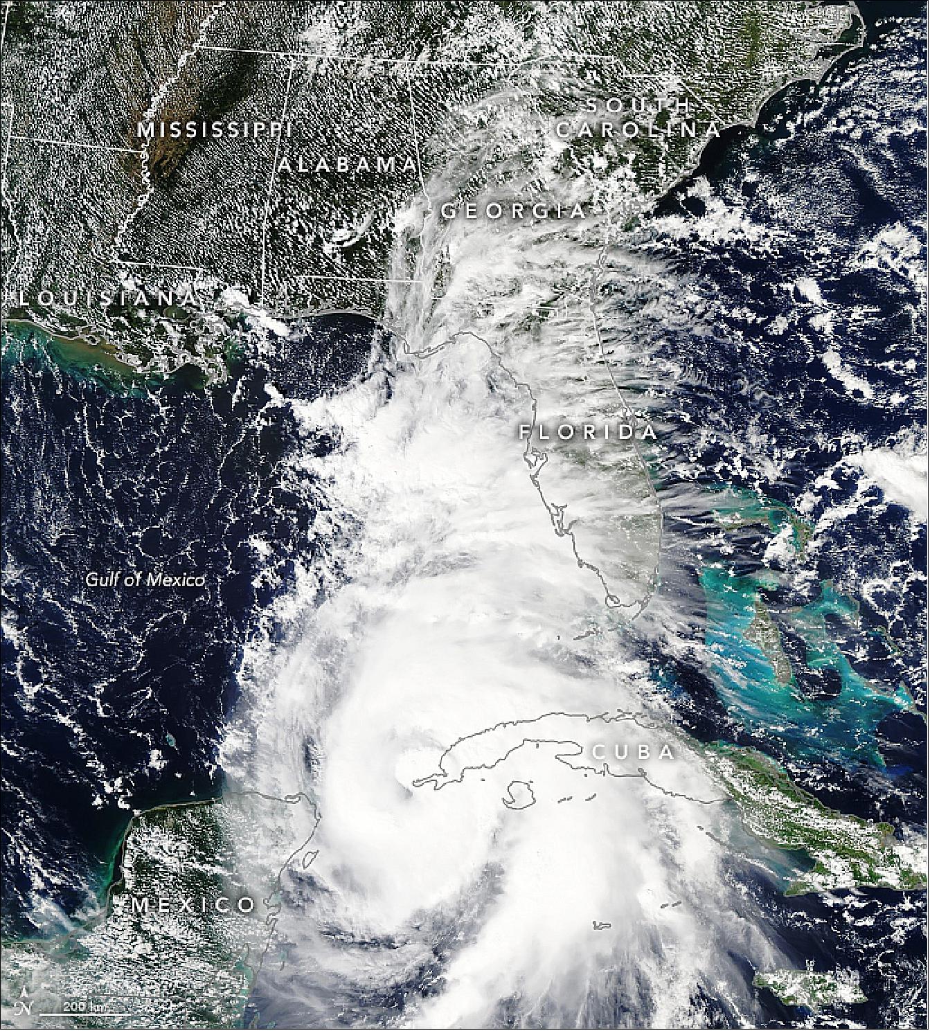 Figure 54: The U.S. state that receives more direct hits from hurricanes than any other prepared for yet another one. Forecasters do expect the storm to bring life-threatening winds and storm surge. On 7 October, the governor of Florida declared a state of emergency and urged people in the path of the storm to evacuate. MODIS on Aqua acquired this natural-color image of Hurricane Michael on the afternoon of 8 October 2018 (image credit: NASA Earth Observatory, image by Joshua Stevens and Lauren Dauphin using MODIS data of NASA EOSDIS/LANCE and GIBS/Worldview , story by Adam Voiland)