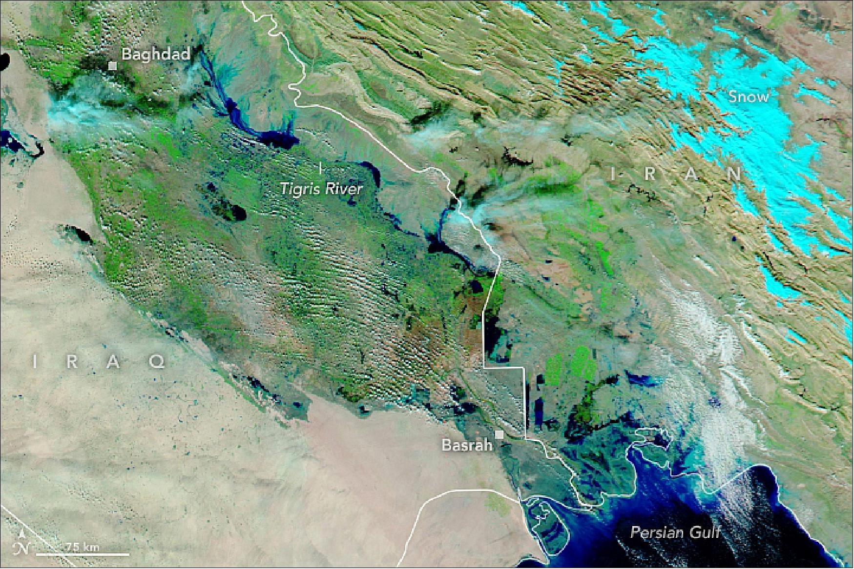 Figure 45: November flash floods displaced tens of thousands of people. This false-color image of Iraq was acquired on 27 November 2018 with MODIS on Aqua showing water pooling in the floodplains of central and southern Iraq (image credit: NASA Earth Observatory, image by Lauren Dauphin, using MODIS data from NASA EOSDIS/LANCE and GIBS/Worldview. Story by Adam Voiland)