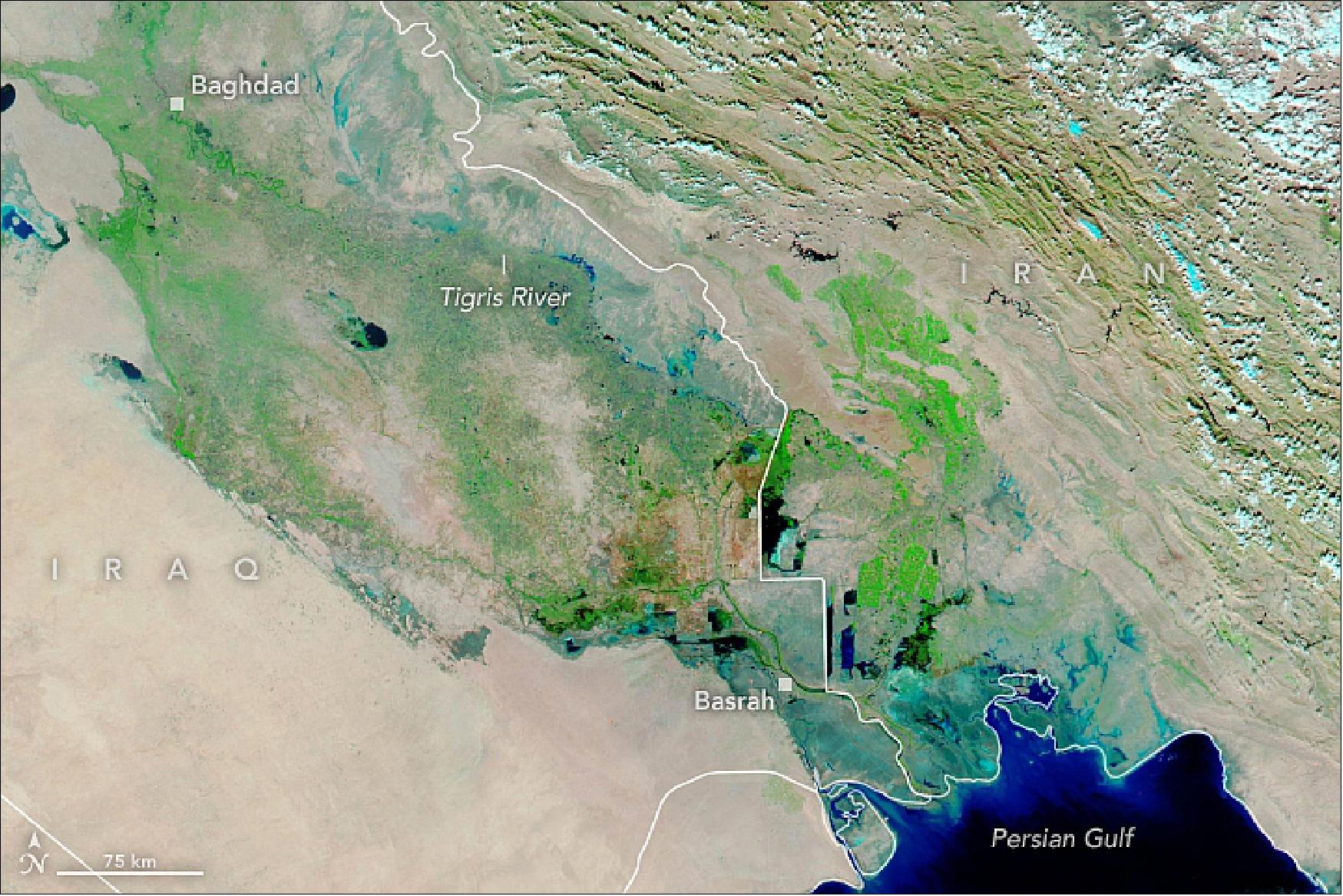 Figure 44: False-color image of Iraq acquired on 28 October 2018 with MODIS on NASA's aqua satellite (image credit: NASA Earth Observatory, image by Lauren Dauphin, using MODIS data from NASA EOSDIS/LANCE and GIBS/Worldview. Story by Adam Voiland)