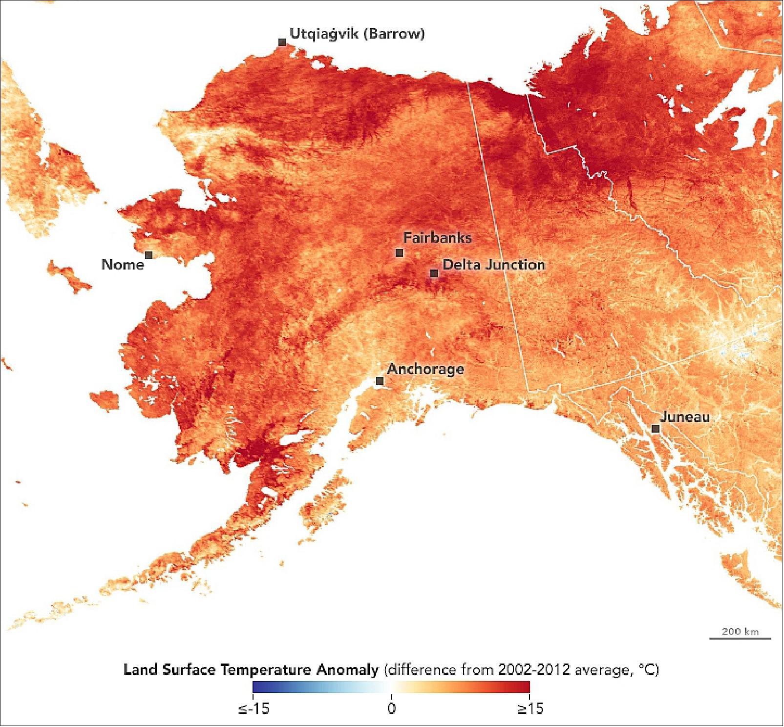Figure 37: This map shows land surface temperature anomalies from March 1-31, 2019. Red colors depict areas that were hotter than average for the same month from 2000-2012; blues were colder than average. White pixels were normal, and gray pixels did not have enough data, most likely due to excessive cloud cover. This temperature anomaly map is based on data from the MODIS instrument on NASA’s Aqua satellite (image credit: NASA Earth Observatory image by Lauren Dauphin, using MODIS data from NASA EOSDIS/LANCE and GIBS/Worldview and data from the Level 1 and Atmospheres Active Distribution System (LAADS) and Land Atmosphere Near real-time Capability for EOS (LANCE). Story by Kathryn Hansen)
