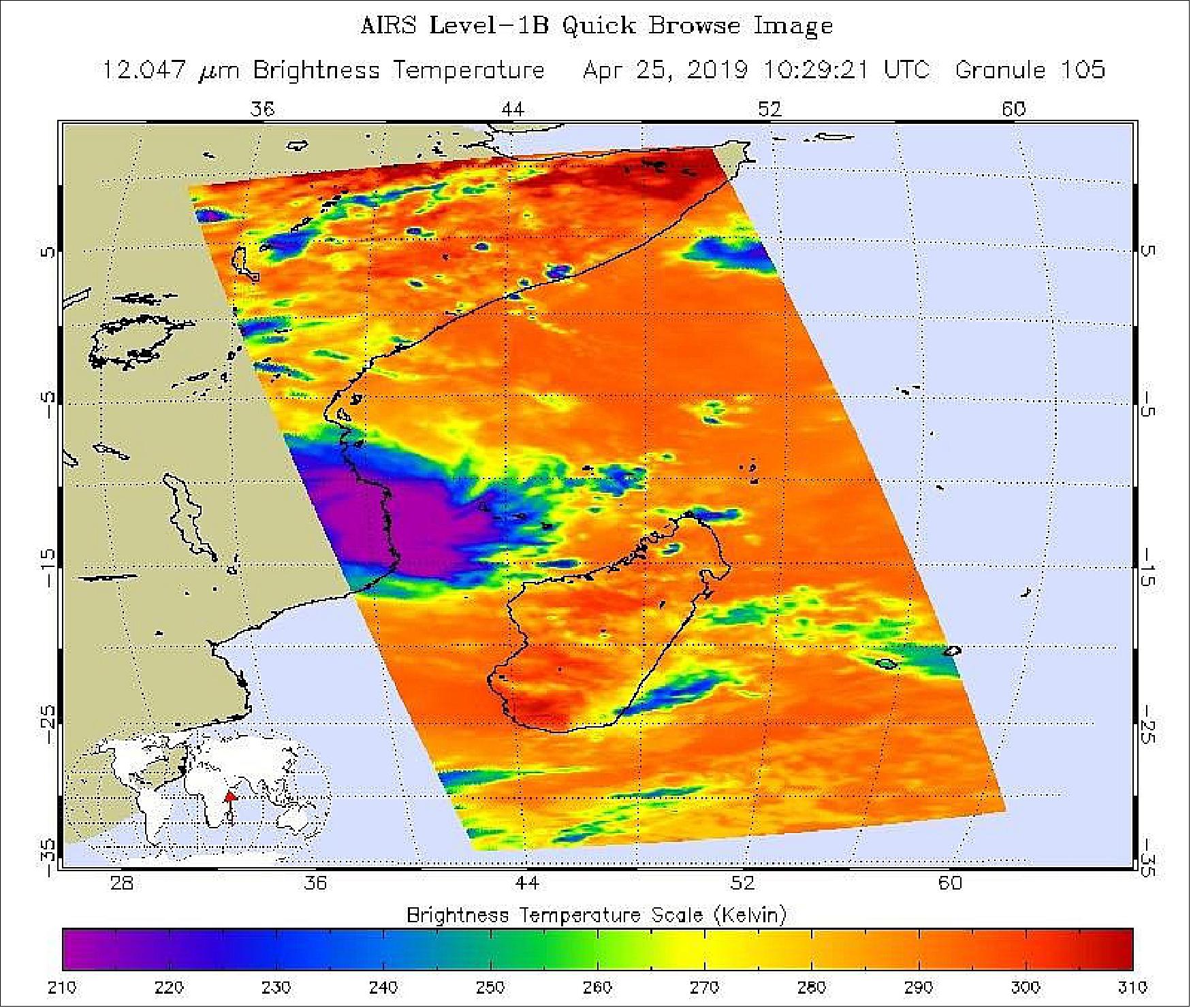 Figure 36: This infrared image from NASA's AIRS (Atmospheric Infrared Sounder) shows the temperature of clouds or the surface in and around Tropical Cyclone Kenneth as it was about to make landfall in northern Mozambique on Thursday, 25 April. The large purple area indicates very cold clouds carried high into the atmosphere by deep thunderstorms. These storm clouds are associated with heavy rainfall. The orange areas are mostly cloud-free areas, with the clear air caused by air motion outward from the cold clouds near the storm center then downward into the surrounding areas (image credit: NASA/JPL-Caltech)