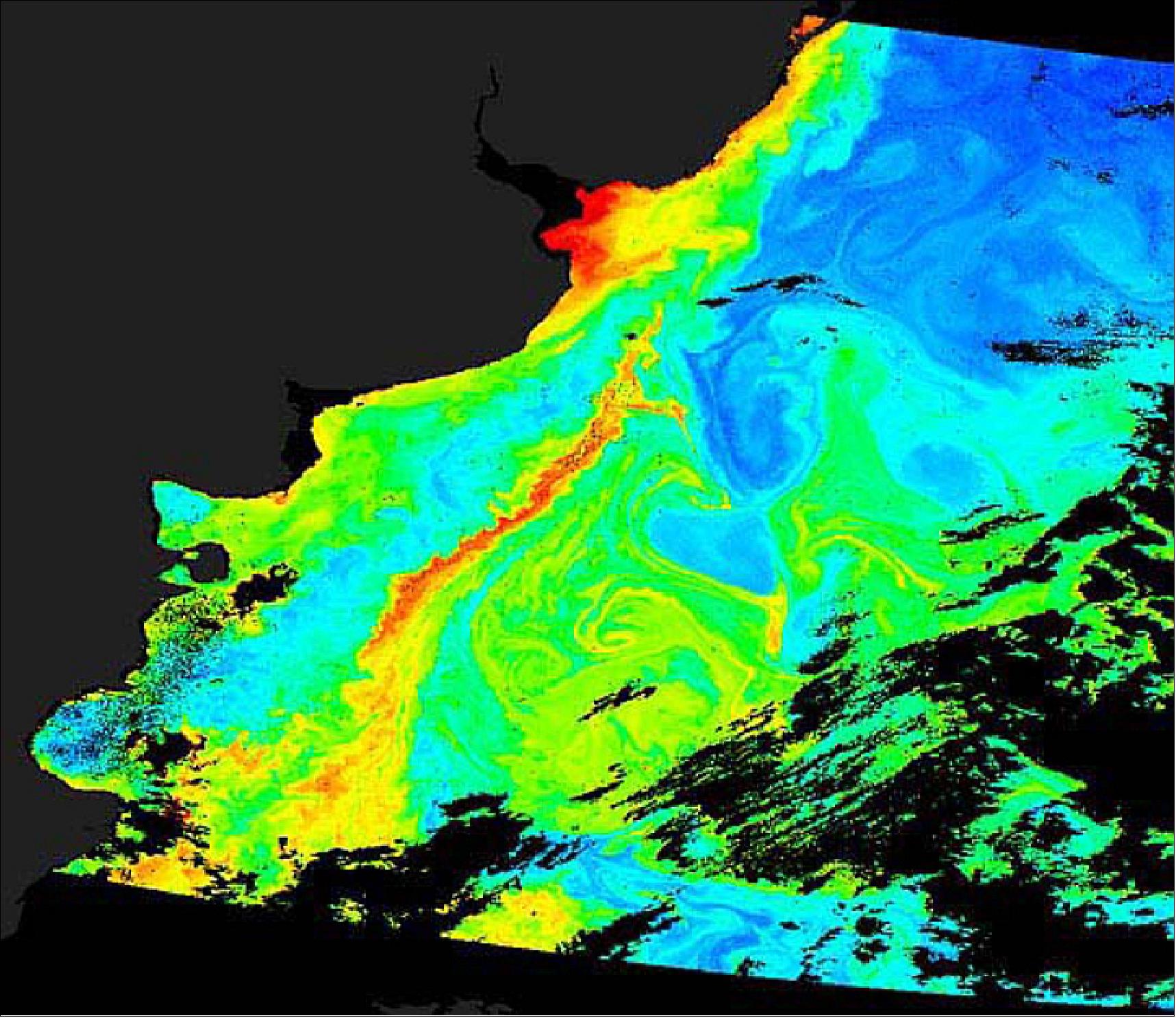 Figure 35: This map shows chlorophyll in the same area in 1999 as observed by the SeaWiFS (Sea-viewing Wide Field-of-view Sensor). Chlorophyll concentrations are shown on a rainbow palette, with yellows and reds representing the highest concentrations. The map was the first item ever published on NASA Earth Observatory (image credit: Image processed by Robert Simmon based on data from the SeaWiFS project and the Goddard DAAC. Text by Jim Acker)