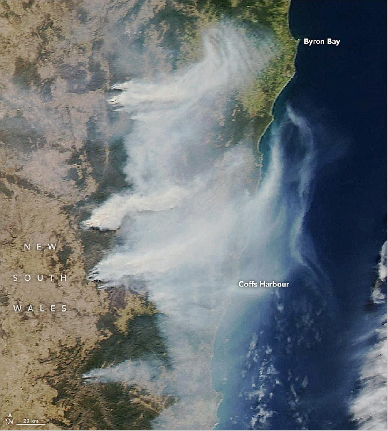 Figure 13: Several years of dry conditions have set the stage for a fierce fire season in several southeastern states. On 12 September 2019, the MODIS instrument on NASA’s Aqua satellite acquired this natural-color image of fires in the northeastern reaches of New South Wales. Strong westerly winds fanned the flames and carried smoke more than 100 km (NASA Earth Observatory, image by Lauren Dauphin and Joshua Stevens, using MODIS data from NASA EOSDIS/LANCE and GIBS/Worldview and soil moisture data courtesy of JPL and the SMAP Science Team. Story by Michael Carlowicz)