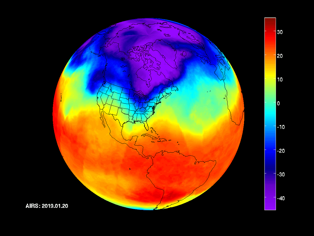 Figure 41: The AIRS images show air temperatures at 600 millibars, around 4 km high in Earth's troposphere. This polar vortex is responsible for surface air temperatures as low as -40º F (also -40ºC) and wind chill readings as low as the -50s and -60s Fahrenheit (-46 and -51 Celsius), image credit: NASA/JPL