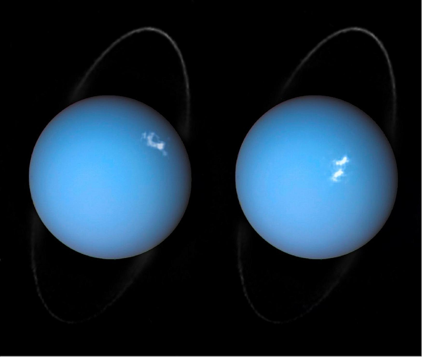 Figure 10: This image, originally published in 2017, shows the auroras as wispy patches of white against the planet’s azure blue disc, and combines optical and ultraviolet observations from Hubble with archive data from NASA’s Voyager 2 probe. Voyager 2 was the first and only craft to visit the outermost planets in the Solar System; it flew past Uranus in January 1986, and past Neptune in August 1989. These icy planets have not been visited since. NASA and ESA have been studying a possible joint mission that would target the two ice giant planets in order to explore their intriguing role in our planetary system (image credit: ESA/Hubble & NASA, L. Lamy / Observatoire de Paris)