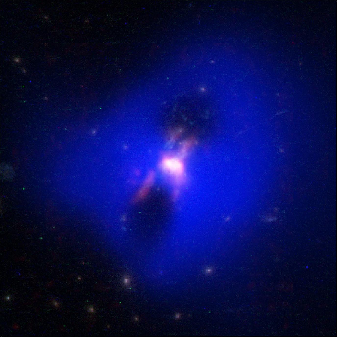 Figure 38: Composite image showing how powerful radio jets from the supermassive black hole at the center of a galaxy in the Phoenix Cluster inflated huge "bubbles" in the hot, ionized gas surrounding the galaxy (the cavities inside the blue region imaged by NASA's Chandra X-ray observatory). Hugging the outside of these bubbles, ALMA discovered an unexpected trove of cold gas, the fuel for star formation (red). The background image is from the Hubble Space Telescope [image credit: ALMA (ESO/NAOJ/NRAO) H. Russell, et al.; NASA/ESA Hubble; NASA/CXC/MIT/M. McDonald et al.; B. Saxton (NRAO/AUI/NSF)]