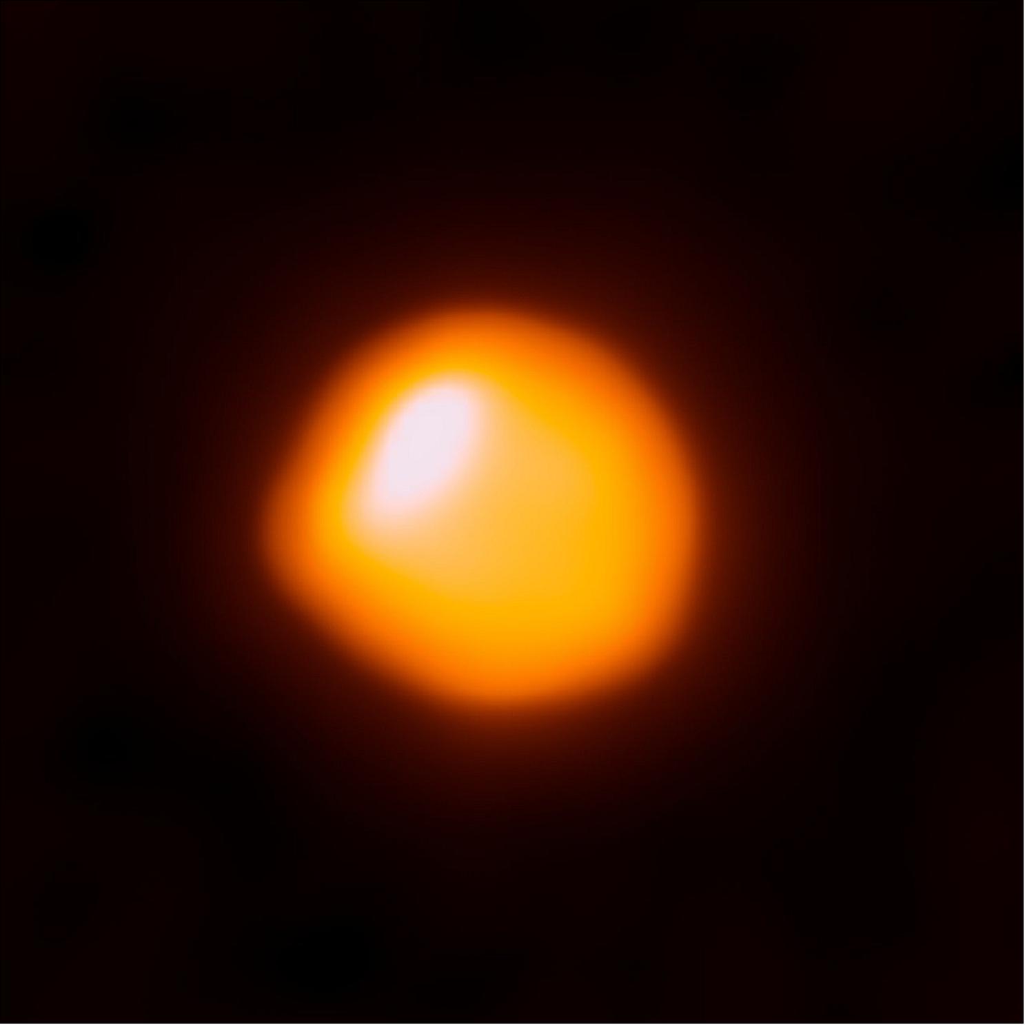Figure 31: This orange blob shows the nearby star Betelgeuse, as seen by ALMA. This is the first time that ALMA has ever observed the surface of a star and this first attempt has resulted in the highest-resolution image of Betelgeuse available (image credit: ALMA (ESO/NAOJ/NRAO)/E. O'Gorman/P. Kervella)
