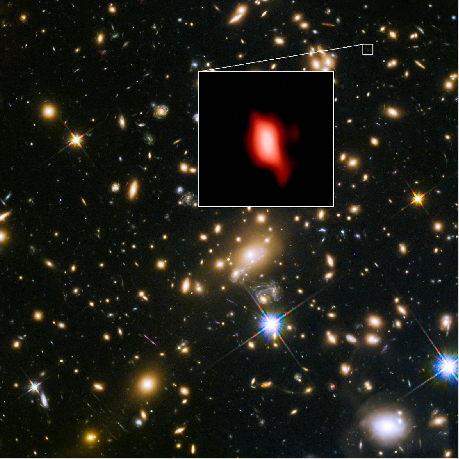 Figure 20: Hubble and ALMA image of MACS J1149.5+2223. Astronomers have used observations from the ALMA and VLT of ESO to determine that star formation in the very distant galaxy MACS1149-JD1 started at an unexpectedly early stage, only 250 million years after the Big Bang. This discovery also represents the most distant oxygen ever detected in the Universe and the most distant galaxy ever observed by ALMA or the VLT (image credit: ALMA (ESO/NAOJ/NRAO, Study Team)