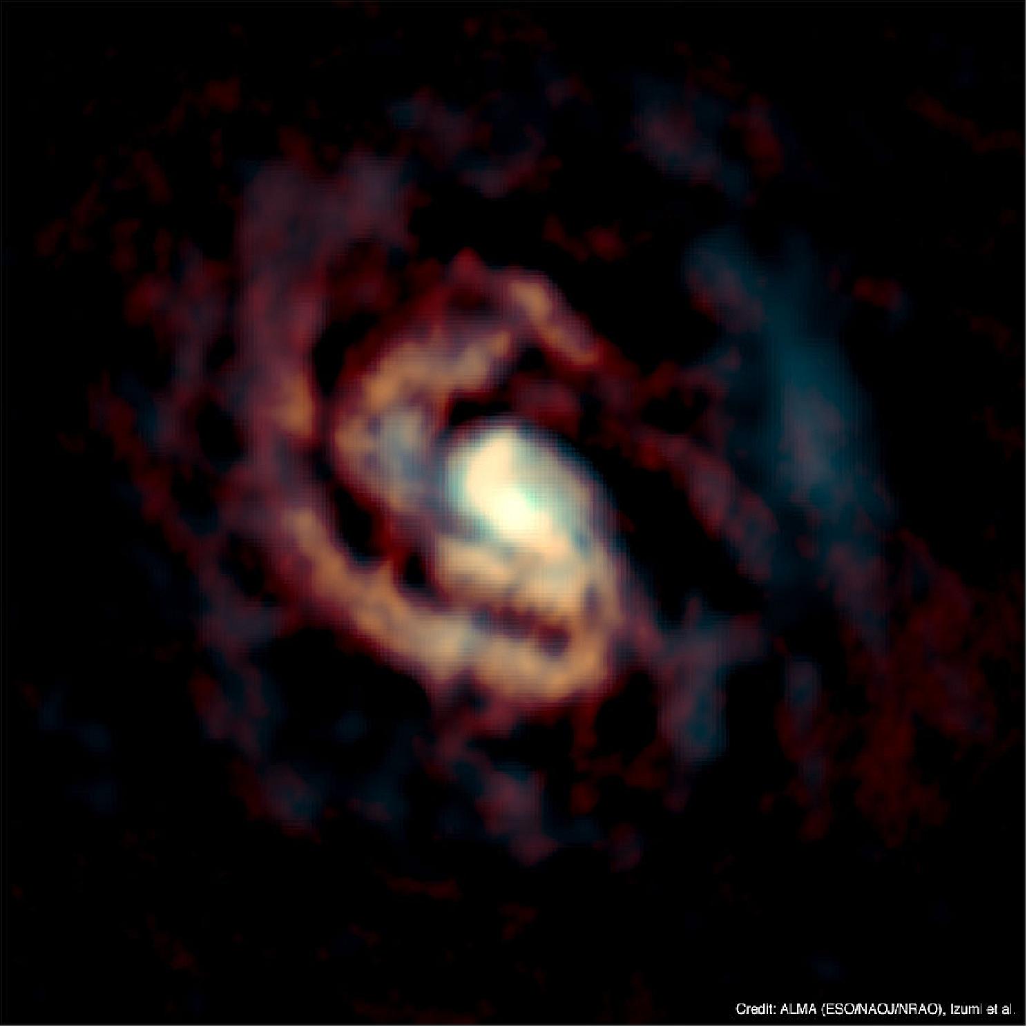 Figure 5: ALMA image of the gas around the supermassive black hole in the center of the Circinus Galaxy. The distributions of CO molecular gas and C atomic gas are shown in orange and cyan, respectively [image credit: ALMA (ESO/NAOJ/NROA), Izumi et al.]