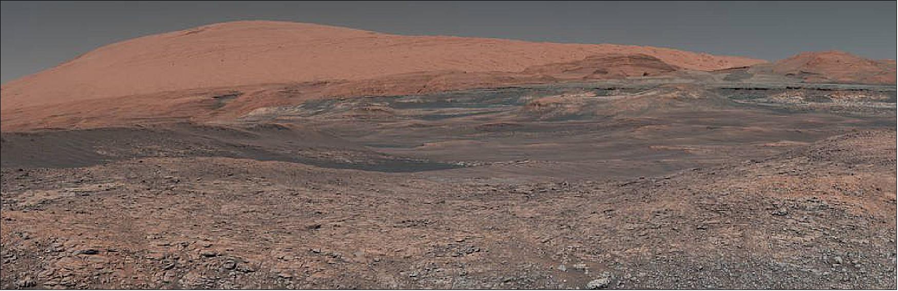 Figure 14: This mosaic was assembled in 2018 from dozens of images taken by the Mast Camera (Mastcam) on NASA's Curiosity rover. In the image, you're looking uphill at Mount Sharp, which is in the middle of Gale Crater on Mars. The scene has been white-balanced so the colors of the rock materials resemble how they would appear under daytime lighting conditions on Earth (image credit: NASA/JPL-Caltech/MSSS)