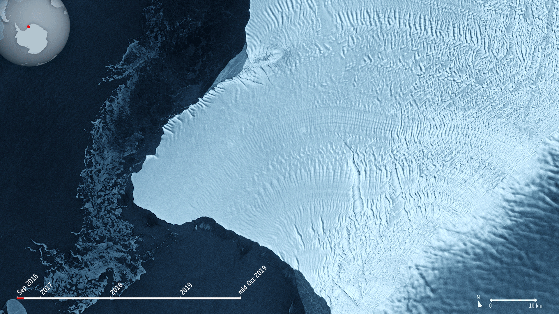 Figure 4: Using radar images from the Copernicus Sentinel-1 mission, the animation shows the evolution of two ice fractures from September 2016 until mid-October 2019. The large chasm running northwards is called Chasm 1, while the split extending eastwards is referred to as the Halloween Crack. This image is also featured on the Earth from Space video program (ESA, the image contains modified Copernicus Sentinel data (2016-19), processed by ESA, CC BY-SA 3.0 IGO)