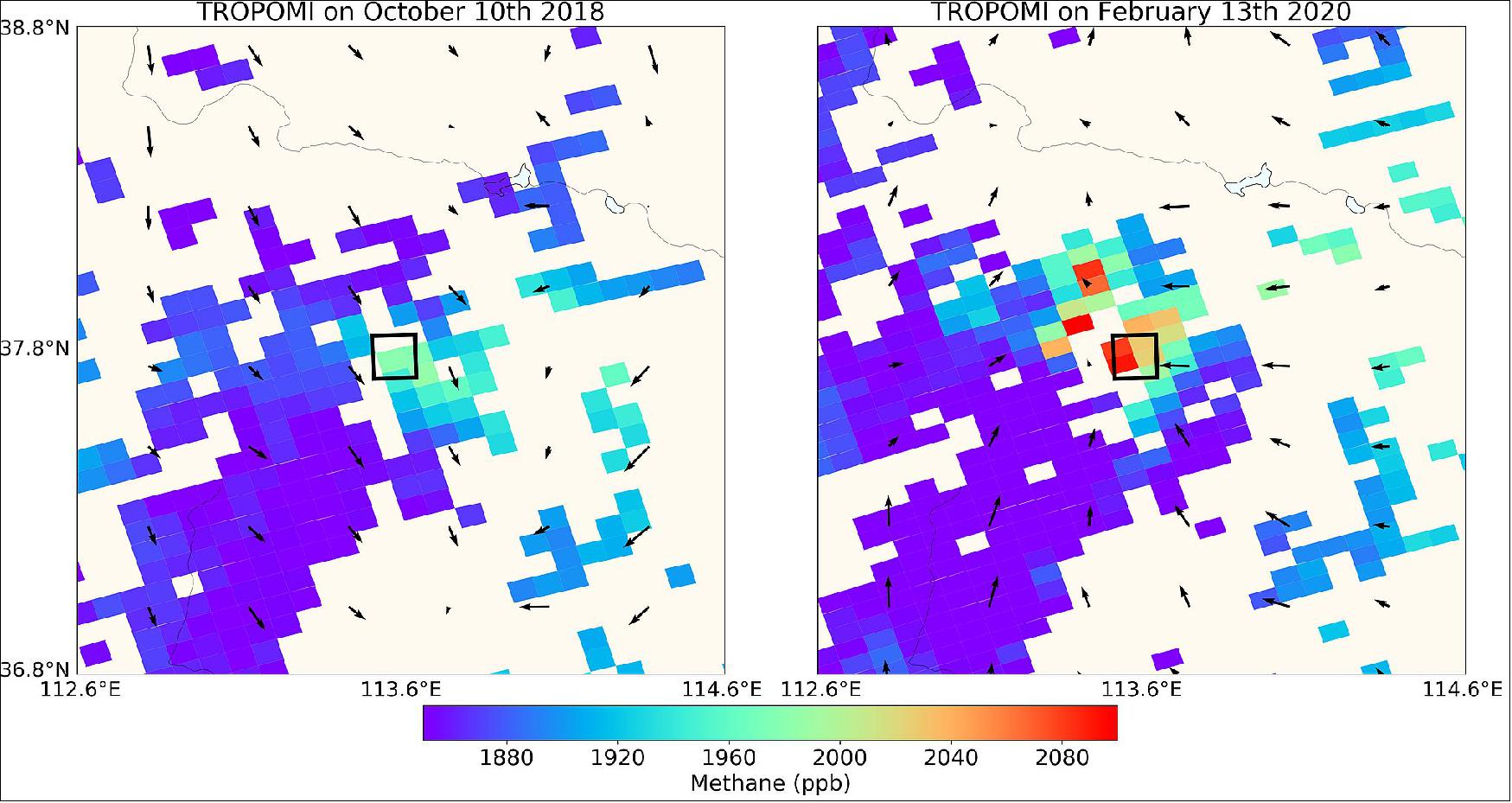 Figure 5: TROPOMI methane measurements over a coal mine in the Shanxi province, China. GHGSat have worked in close collaboration with the Sentinel-5P team at SRON Netherlands Institute for Space Research to investigate hotspots of methane emissions. The team uses data from the Copernicus Sentinel-5P satellite to detect emissions on a global scale, and then utilizes data from GHGSat satellites to quantify and attribute emission to specific facilities around the world. -This has led to several new hotspots being discovered including a coal mine in the Shanxi province, China (image credit: ESA, the image contains modified Copernicus Sentinel data (2018, 2020), processed by SRON)