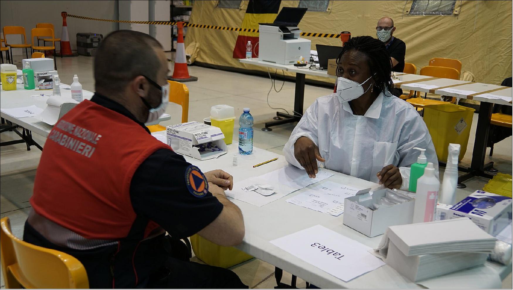 Figure 1: An ESA-backed mobile field laboratory set up at Piedmont is enabling the Italian authorities to test thousands of key workers for COVID-19. Some of the tests carried out there take just a few minutes, instead of a few hours. Key workers who have a negative antibody test or a positive antibody test followed by a negative swab can then return to work quickly, supporting the economic recovery (image credit: ESA)