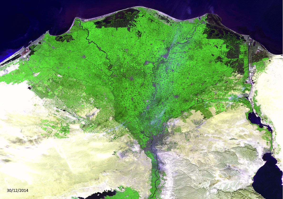 Figure 25: Changing Nile Delta seen by PROBA-V: The Nile Delta in Egypt has already been a very dynamic area for ages. Between 2014 and 2018 the area has changed quite significantly, which was nicely captured by PROBA-V. The animation shows 100 m Proba-V images of 30 December 2014 and 19 May 2018. A large anthropogenic change that occurred in these 3.5 years and is clearly visible to the very right is the construction of the second Suez canal, which was completed in 2015. Further changes are pivot irrigation fields replaced the dry desert in the eastern part of the Nile Delta, while in the western part the opposite occurred. The numerous cities and villages within the delta contrast with the green vegetation background as grey splotches (image credit: ESA/Belspo – produced by VITO)