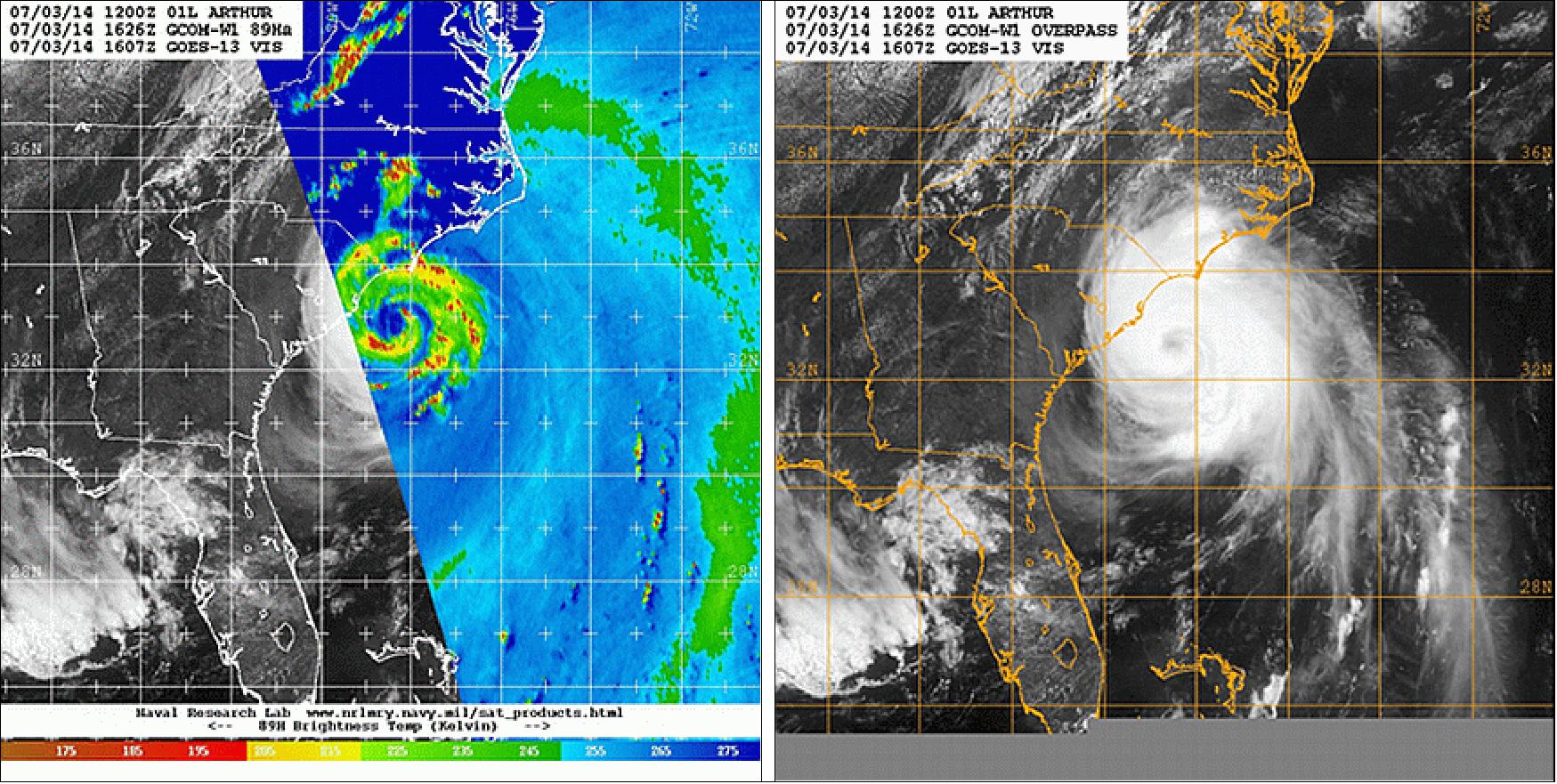 Figure 16: Images of Hurricane “Arthur” on July 3, 2014acquired by microwave observation of AMSR2 on GCOM-W1(left) and by infrared observation (right), image credit: NOAA and NRL