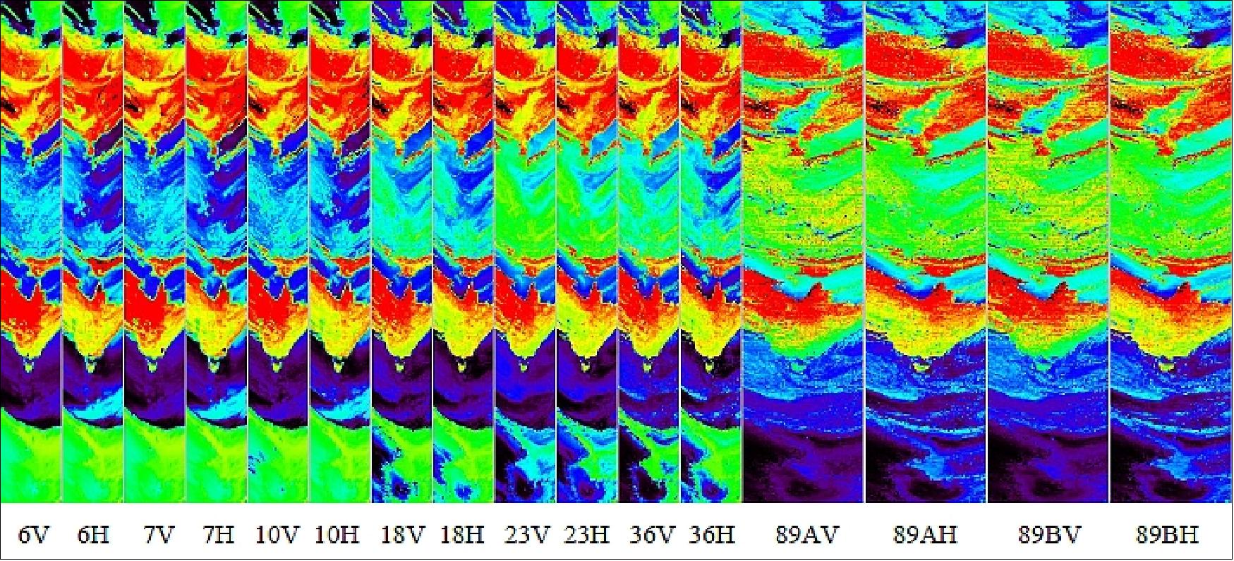 Figure 21: Image of AMSR2 Level-1B products showing brightness temperature at vertical and horizontal polarization of each frequency bands of one scene on July 22, 2012 (image credit: JAXA, Ref. 58)