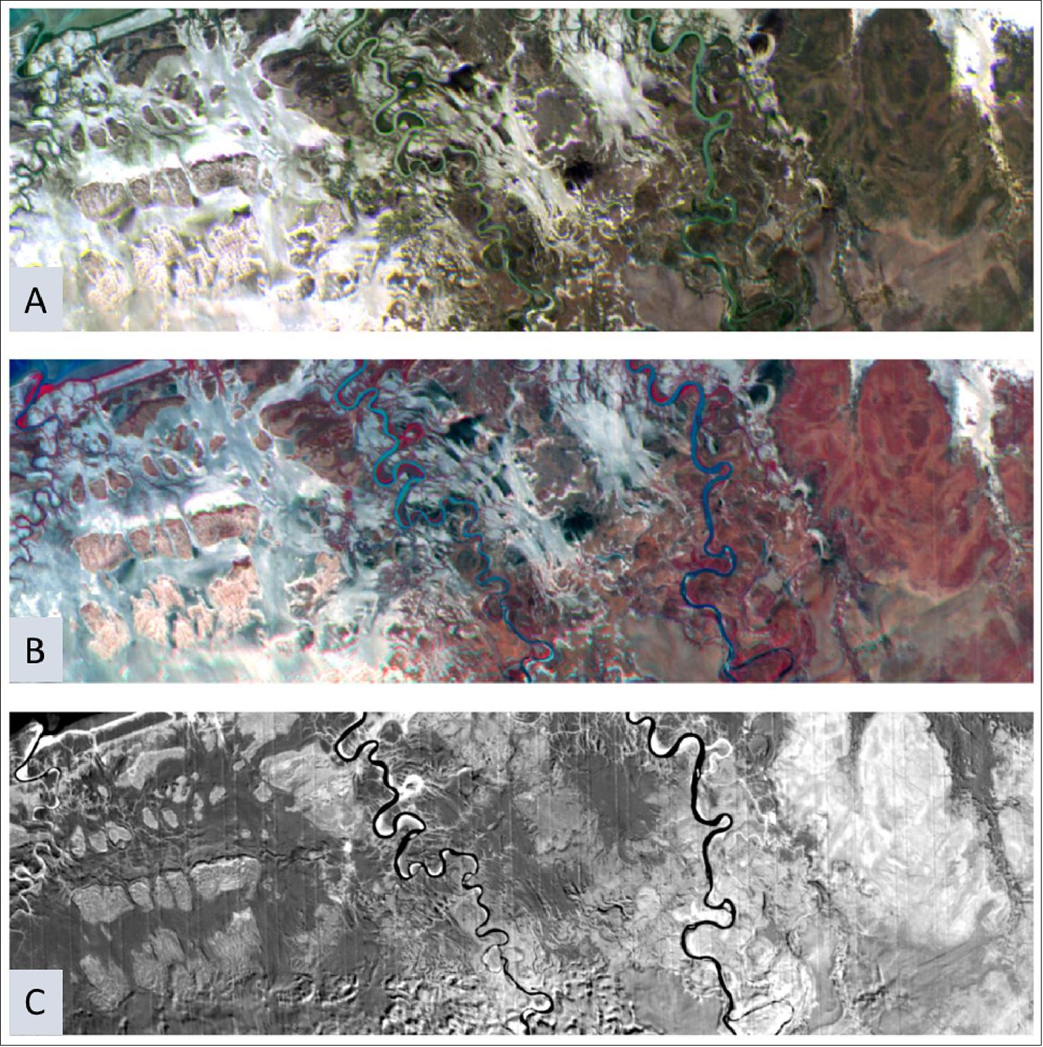 Figure 14: 19 August, 2019, 05:57:41 UT, Georegistered R3 Imagery of the Coast of Northern Australia. A) Red Green Blue imagery, B) Color Infrared, C) NDVI (image credit: Aerospace)