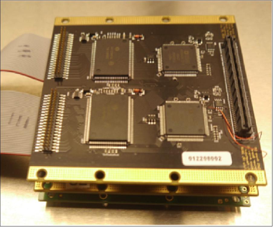 Figure 13: Miniaturized DM driver electronics. Each board is 80 x 80 x 10 mm. Third driver DAC/Amplifier unit on opposite side of each board. Each driver board has 70 output channels with 14 bits of resolution from 0 to 200 Volts. PLC boards not shown, reside on top of stack, with power board opposite on bottom of stack (image credit: DeMi Team)