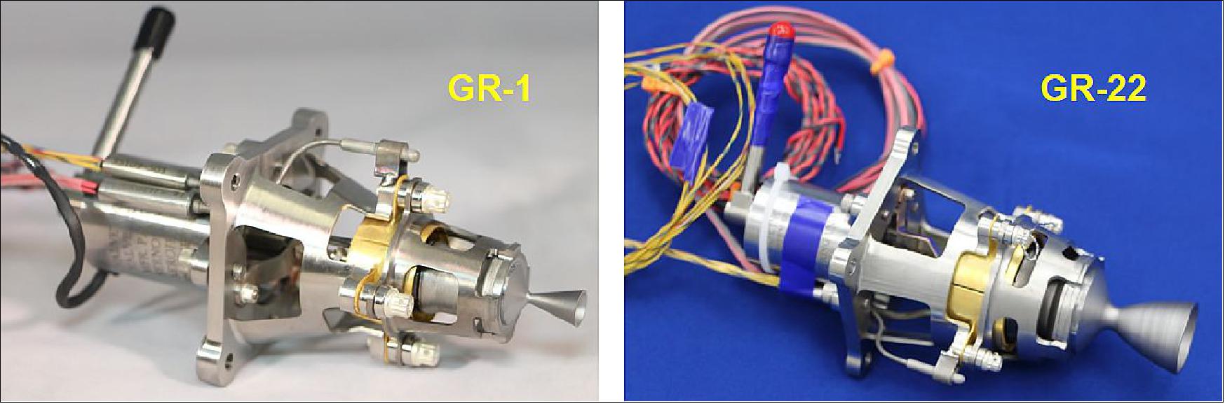Figure 7: Photo of the prototype Aerojet GR-1(left) and of the GR-22 thrusters (right), image credit: Aerojet Rocketdyne
