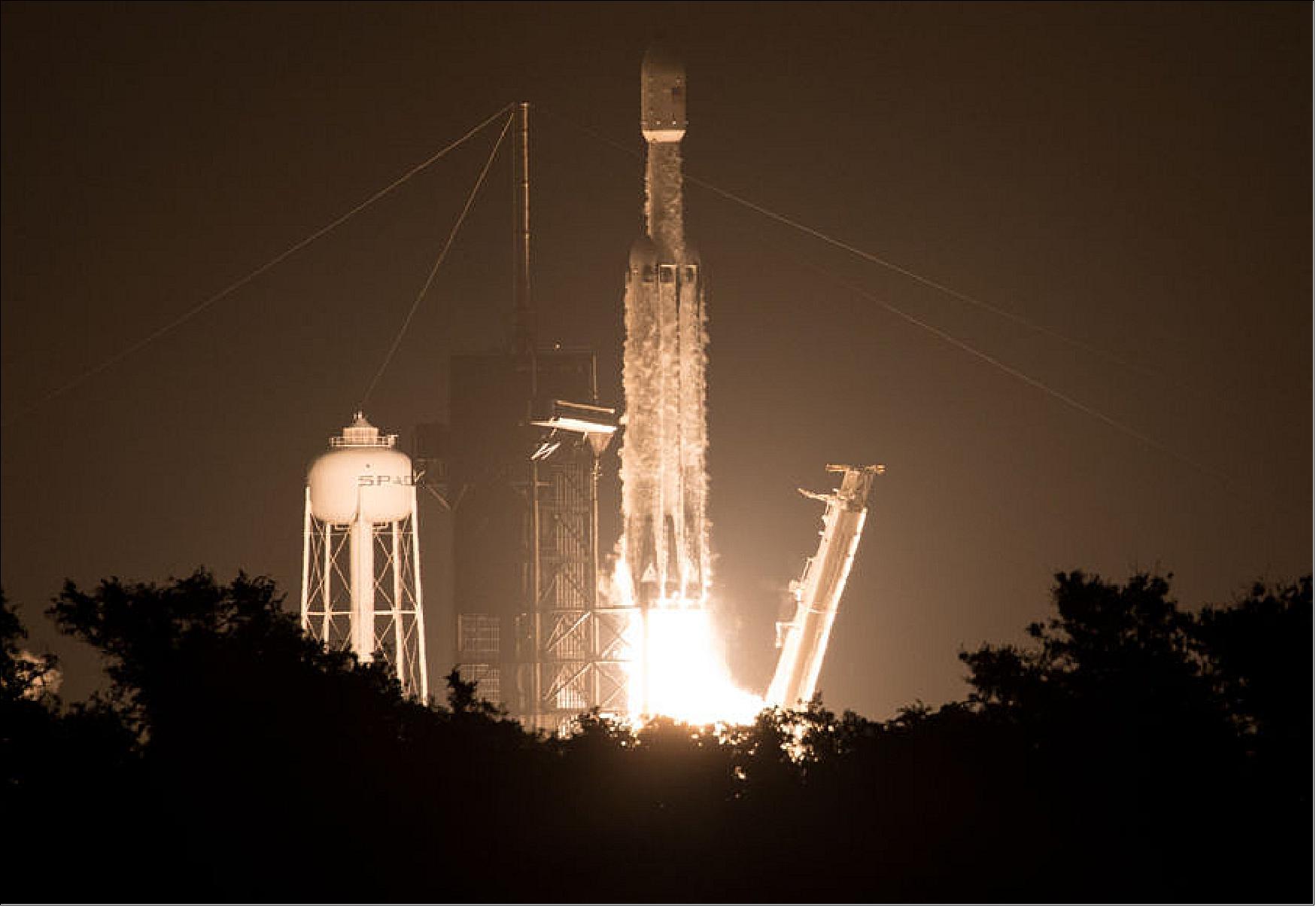 Figure 5: SpaceX's Falcon Heavy rocket, carrying GPIM and 23 other spacecraft for the U.S. Air Force's STP-2 mission, lifts off from Kennedy Space Center on 25 June 2019 at 06:30 UTC. The satellites include four NASA technology and science payloads that will study non-toxic spacecraft fuel, deep space navigation, 'bubbles' in the electrically-charged layers of Earth's upper atmosphere, and radiation protection for satellites (image credit: NASA) 14)