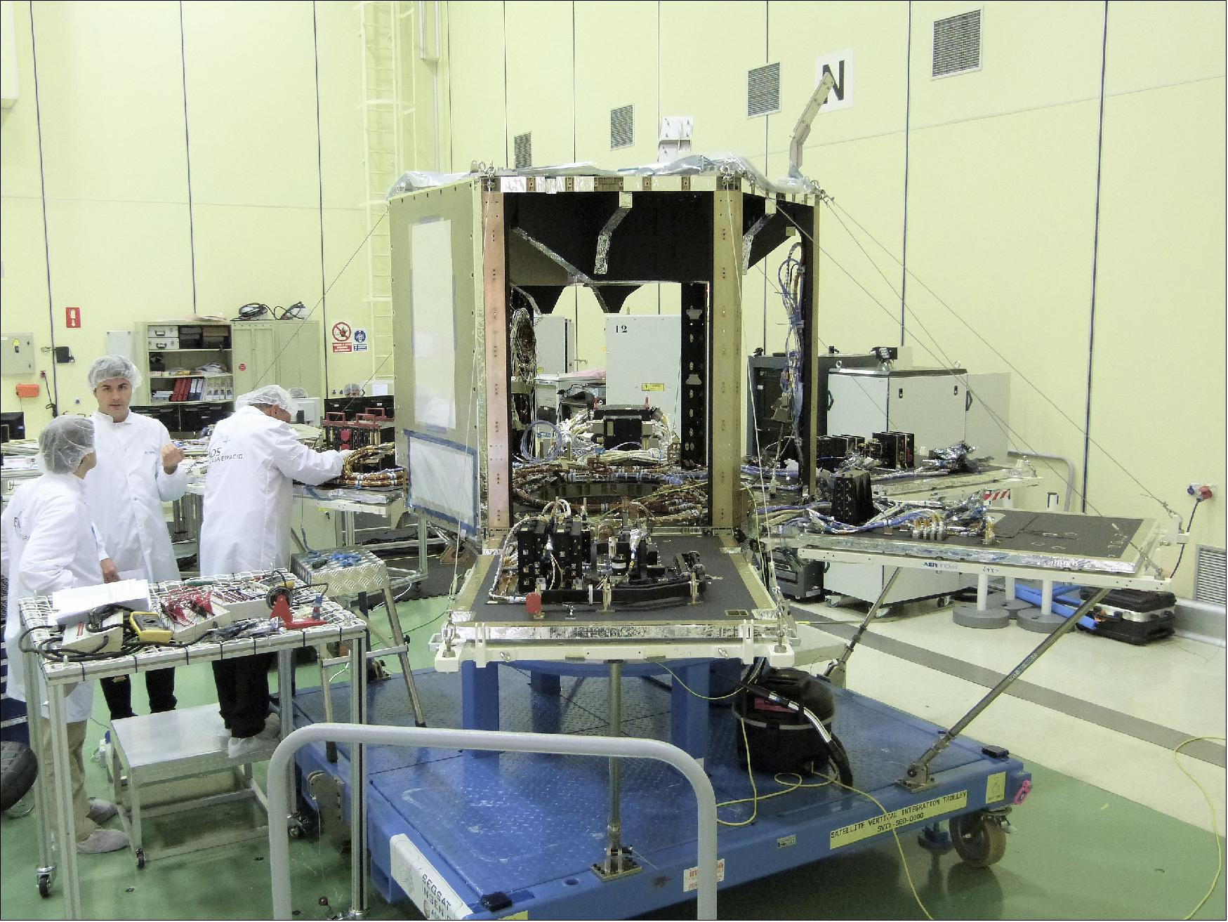 Figure 16: SEOSAT/Ingenio in the cleanroom at Airbus in Spain. The mission will provide high-resolution multispectral images of the environment for applications such as cartography, monitoring land use, urban management, water management, risk management and security. While SEOSAT/Ingenio is a Spanish national mission, it has resulted thanks to an international collaborative effort. The mission is funded by Spain's Center for the Development of Industrial Technology (CDTI) but developed and managed by ESA in the context of the European Earth Observation Architecture (image credit: Airbus DS, Spain)