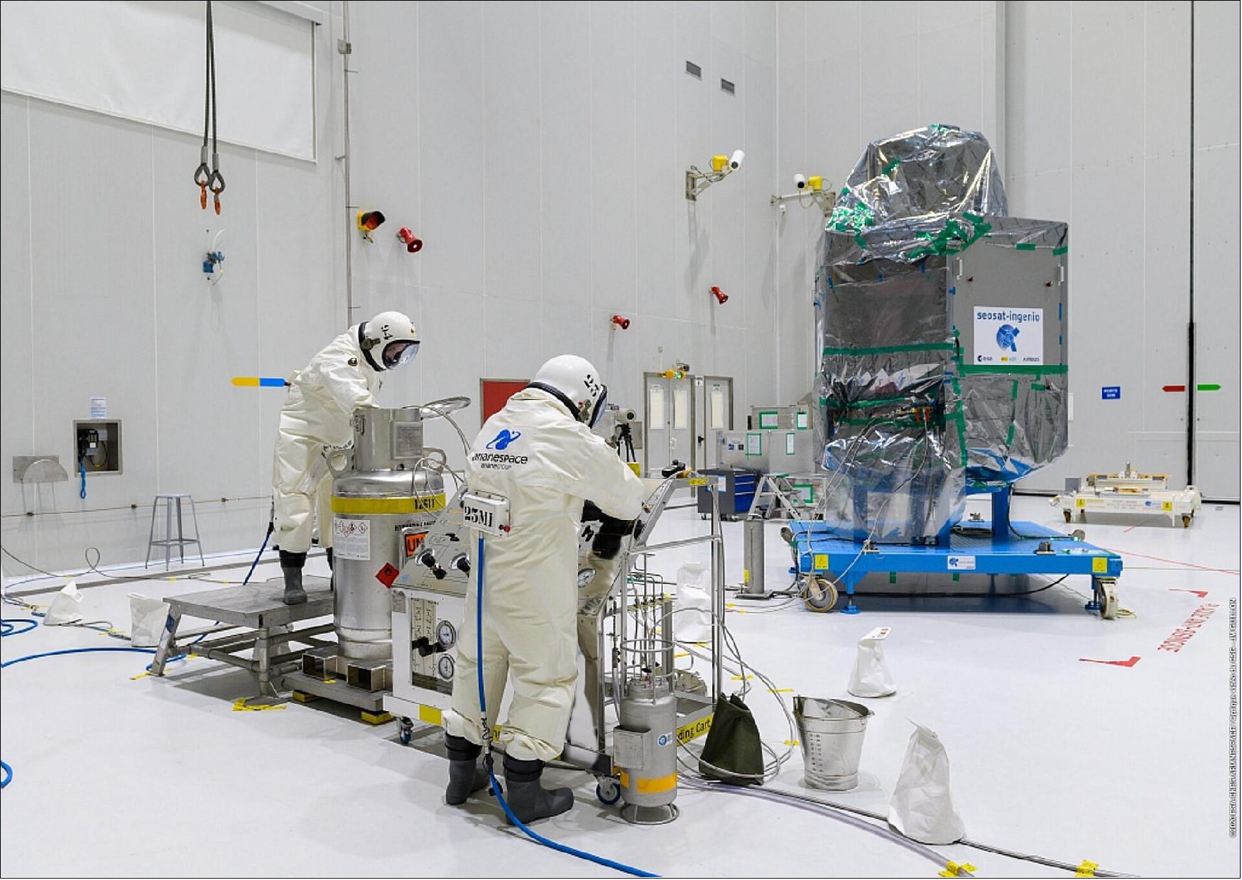 Figure 10: SEOSAT-Ingenio is being fuelled in room S5A of the Payload Processing Facility of Europe's Spaceport in Kourou, French Guiana on 15 October, 2020 (image credit: ESA/CNES/Arianespace/Optique Video du CSG - JM Guillon)