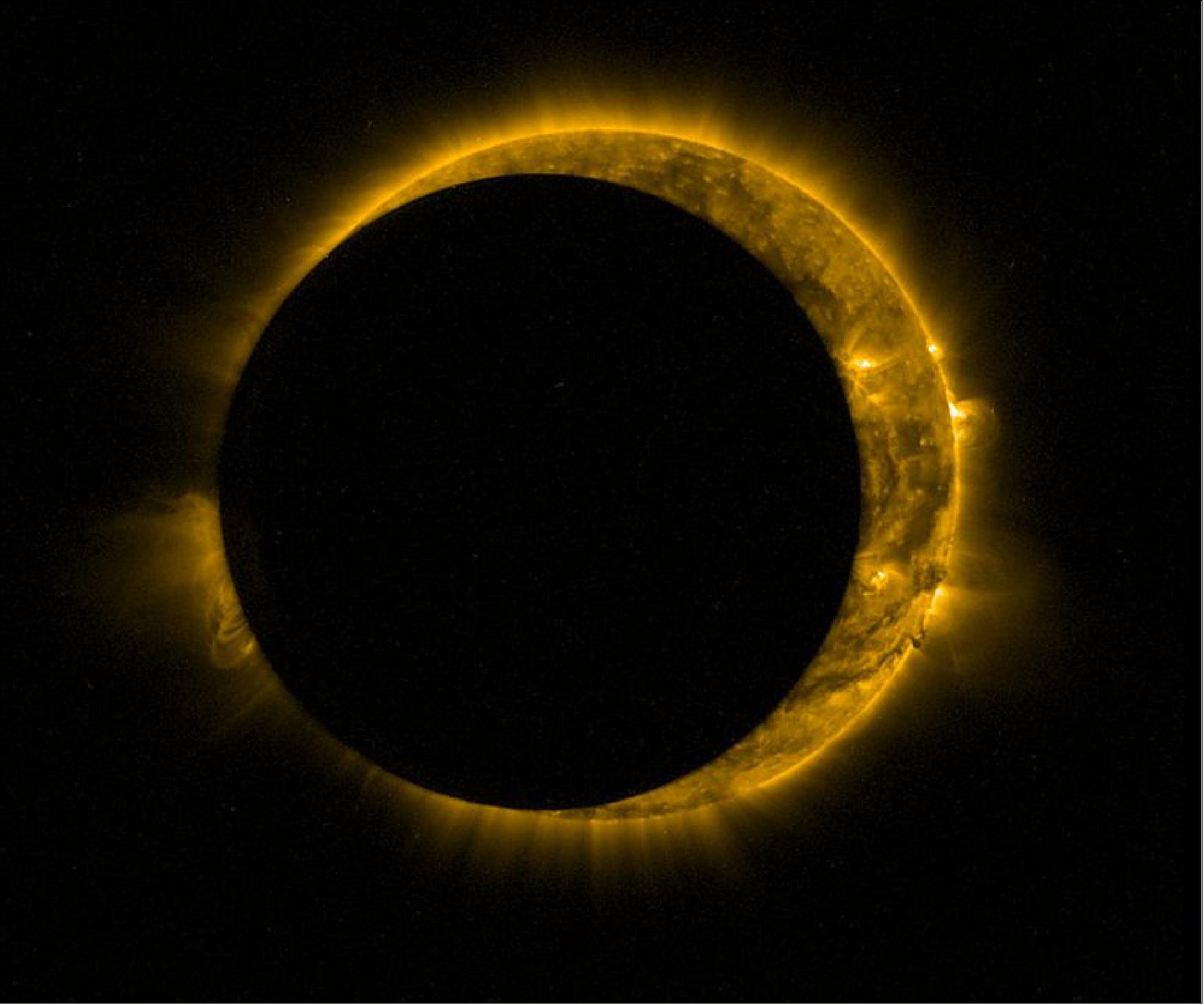 Figure 32: This partial eclipse was captured with the SWAP imager at 06:32 GMT on 13 September 2015. SWAP views the solar disc at extreme UV wavelengths to capture the turbulent surface of the Sun and its swirling corona – a glimpse of which can be seen in the background [image credit: ESA, ROB (Royal Observatory of Belgium)]