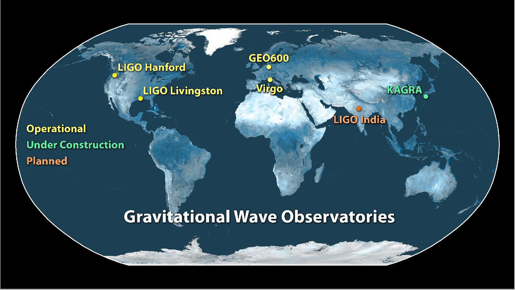 Figure 24: Current operating facilities in the global network include the twin LIGO detectors—in Hanford, Washington, and Livingston, Louisiana— Virgo in Italy and GEO600 in Germany (image credit: LIGO-Virgo-GEO600 collaboration)
