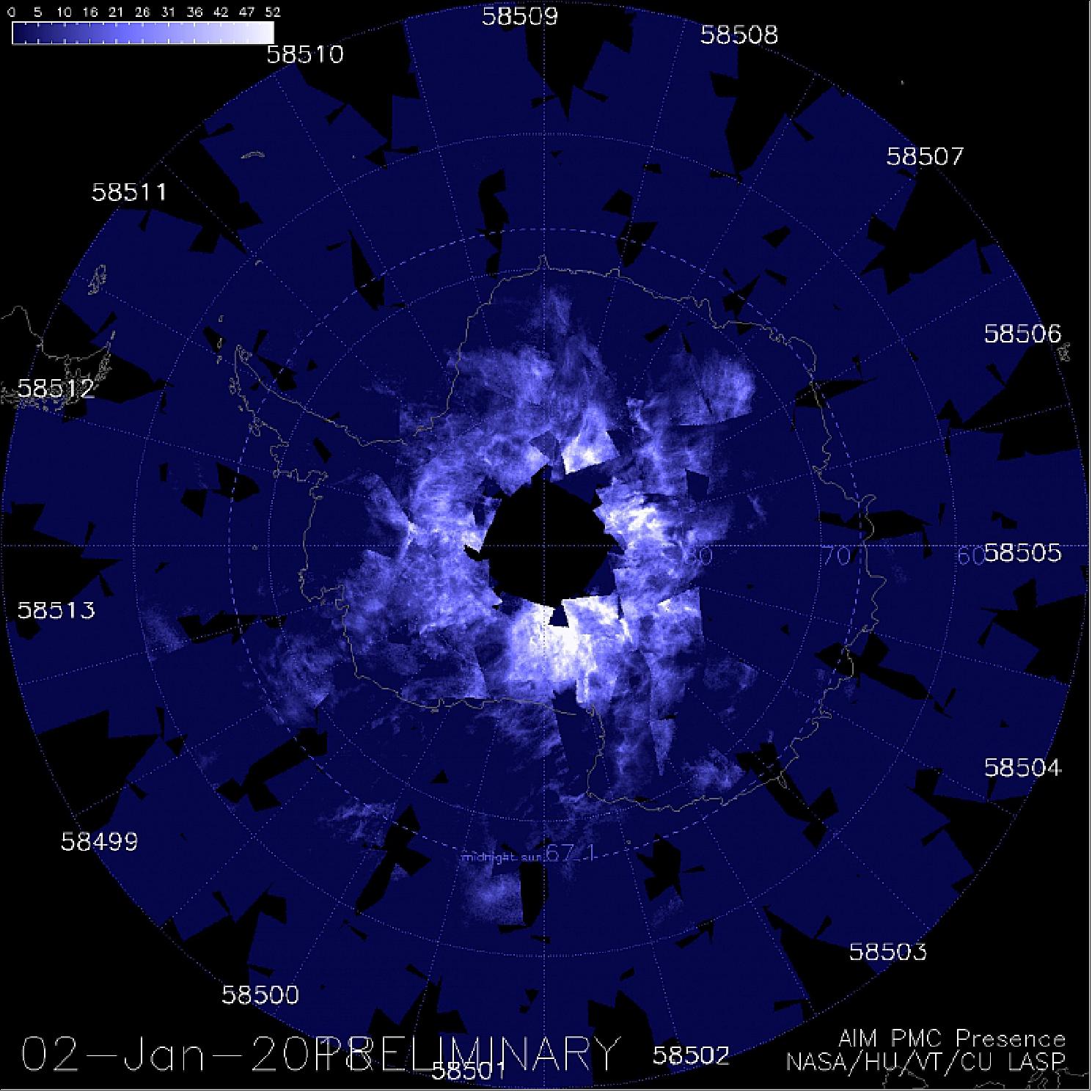 Figure 12: Noctilucent (“night-shining”) cloud over Antarctica in early January, 2018, from NASA’s AIM satellite (image credit: NASA, HU, VT, CU LASP)