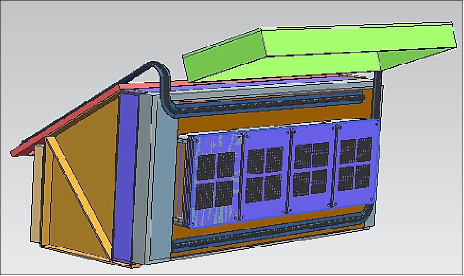 Figure 24: CLASS instrument showing the four quadrants with four SCDs (Swept Charge Devices) each. The electronics is housed in the box behind the detector units. An aluminum door protects the detectors from radiation damage en-route to the Moon. Passive radiators connected to heat pipes provide the required low-temperature environment for the detectors (image credit: ISRO)