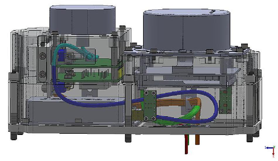 Figure 5: IRIS Suite CAD model, comprising INMS (top right), the TOPCAT GPS antenna top left), RadMon (center left), and the TOPCAT GPS receiver (bottom left), image credit: Dstl