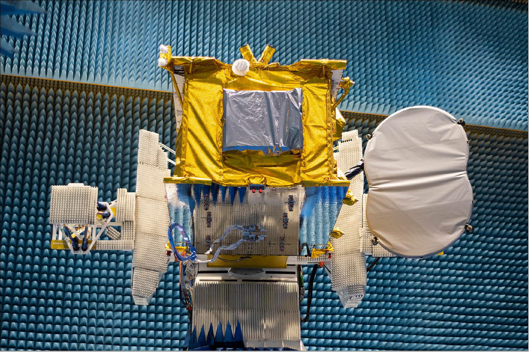 Figure 7: The first European satellite capable of being completely repurposed after launch — developed within an ESA Partnership Project — has concluded its radio-frequency tests at a specialized facility in Toulouse. Quantum is the first ever software-defined satellite, preparing the way for the next generation of telecommunication satellites that can be reprogrammed in orbit. It offers unprecedented in-orbit reconfigurability in coverage, frequency and power, which allows for complete mission rehauls including changes in orbital position (image credit: ESA)