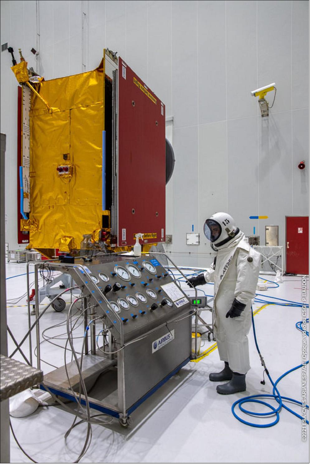 Figure 3: The satellite has now been fuelled with propellant and oxidizer. These will be ignited after the satellite has left its Ariane 5 launcher in the low-Earth orbit phase of the launch and will enable it to circularize its orbit to reach its final geostationary position some 36,000 km above the Earth. The remaining fuel will be used to maintain the satellite in its correct position during its expected 15-year lifetime (image credit: ESA)