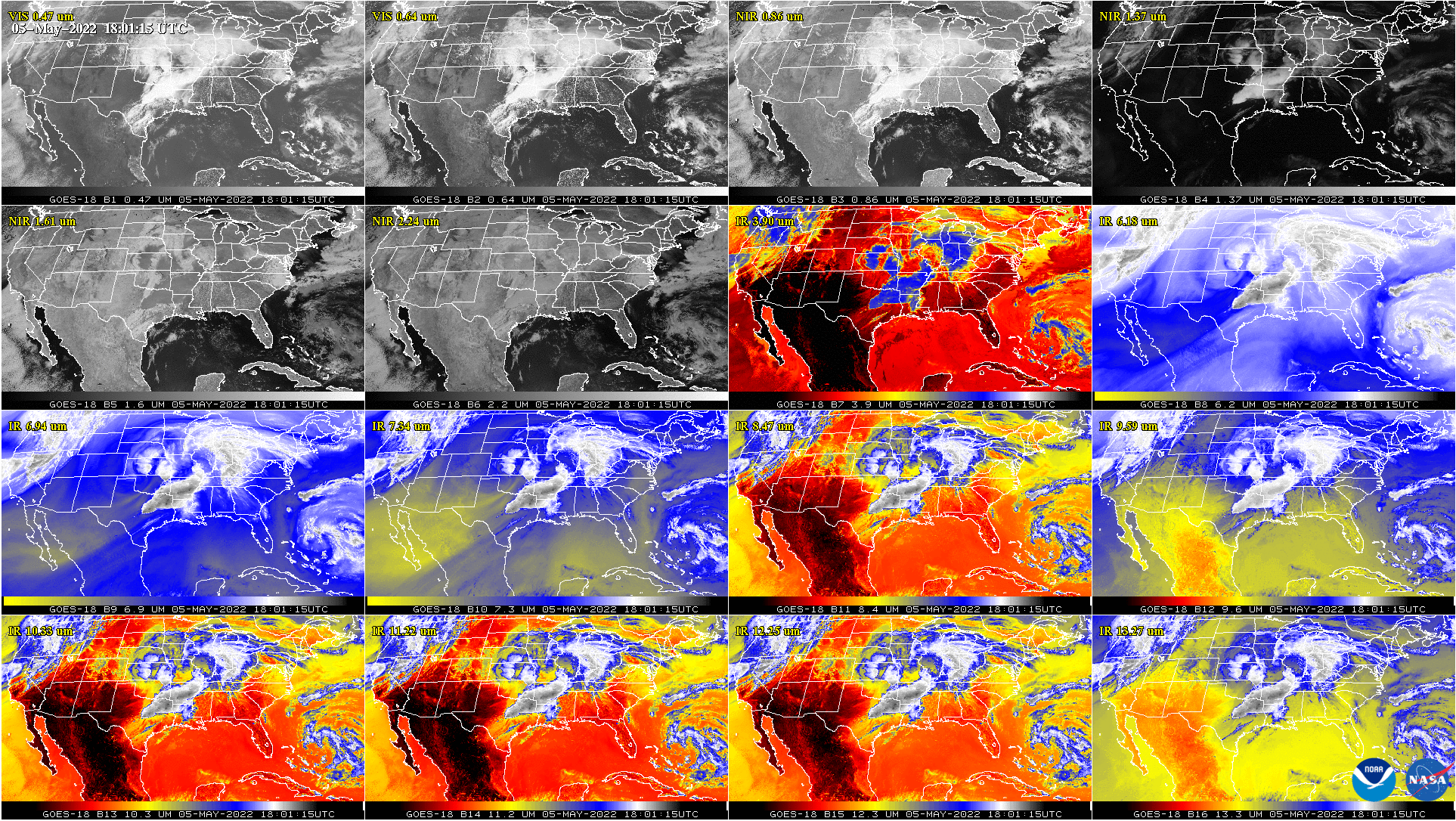 Figure 13: This GOES-18 image shows the contiguous United States observed by each of the ABI’s 16 channels on May 5, 2022. This 16-panel image shows the ABI’s two visible, four near-infrared and 10 infrared channels. The visible and near-IR bands are gray-colored, while the infrared bands have the warmer brightness temperatures mapped to warmer colors. The different appearance of each band is due to how each band reflects or absorbs radiation. Each spectral band was scanned at approximately the same time, starting at 18 UTC (image credit: NOAA)